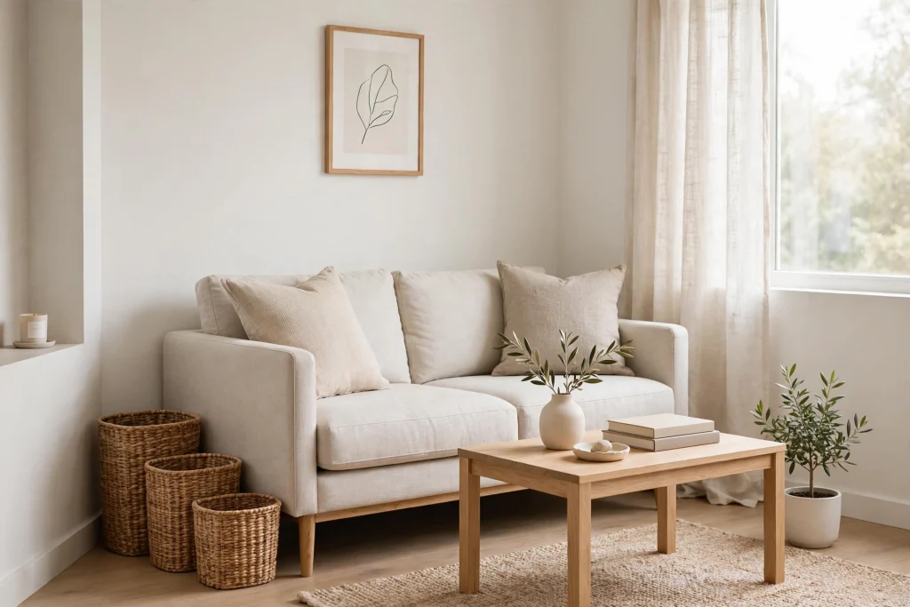 Tidy decluttered minimalist small living room