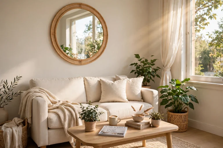 Cozy small living room with cream sofa, round mirror and plants