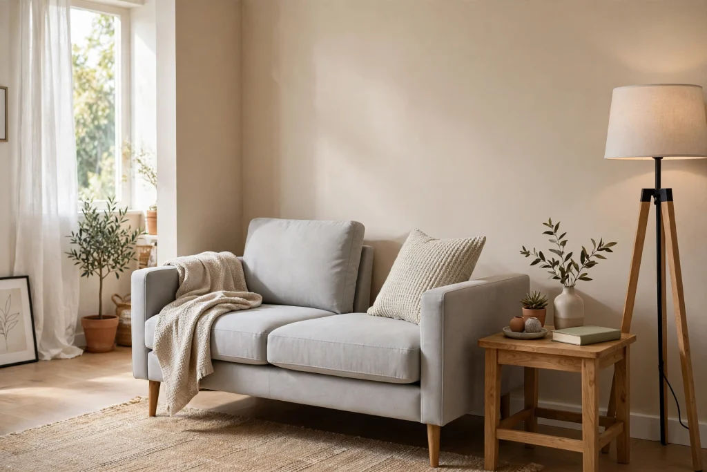 Cozy small living room reading nook with accent chair and floor lamp