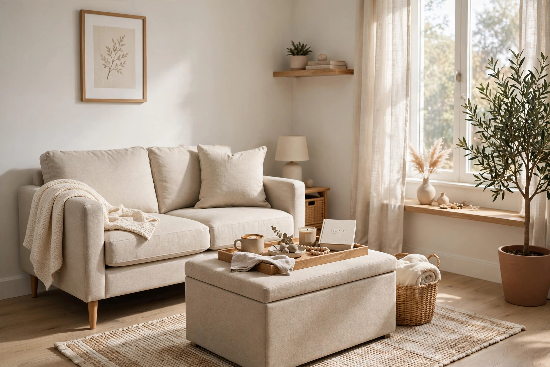 Multifunctional storage ottoman in a small living room