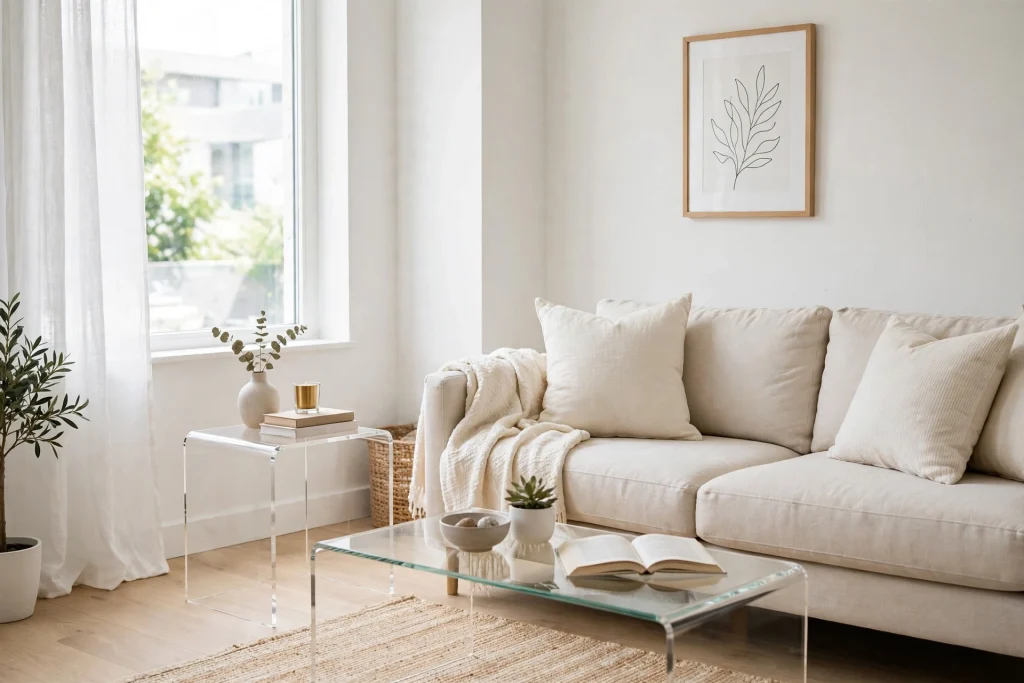Glass coffee table and acrylic side table in an airy small living room