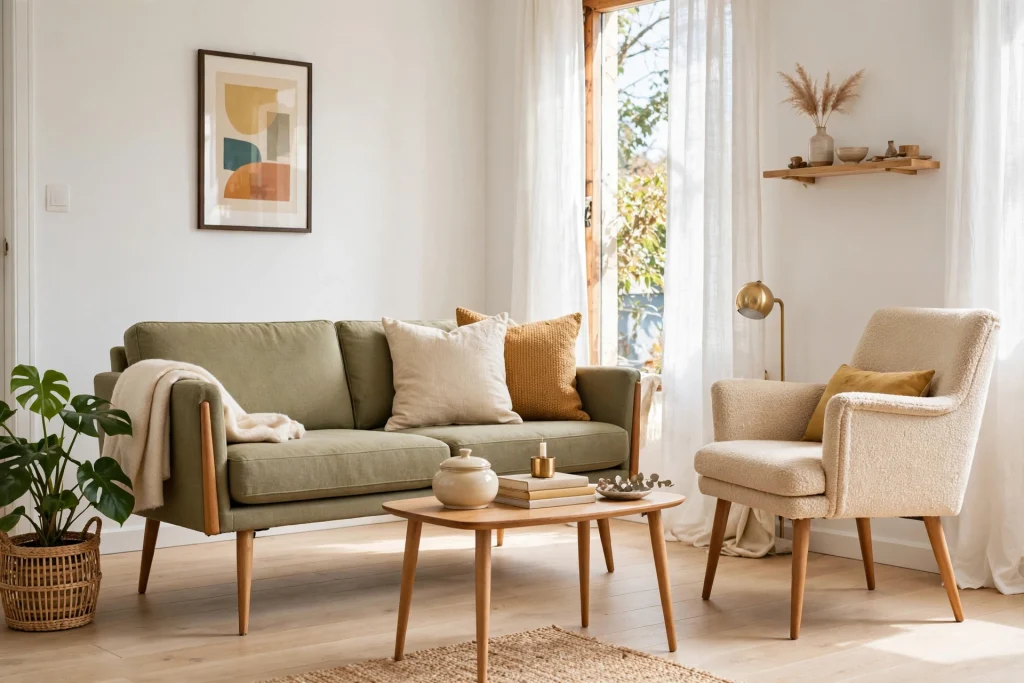 Mid-century leggy furniture making a small living room feel airy