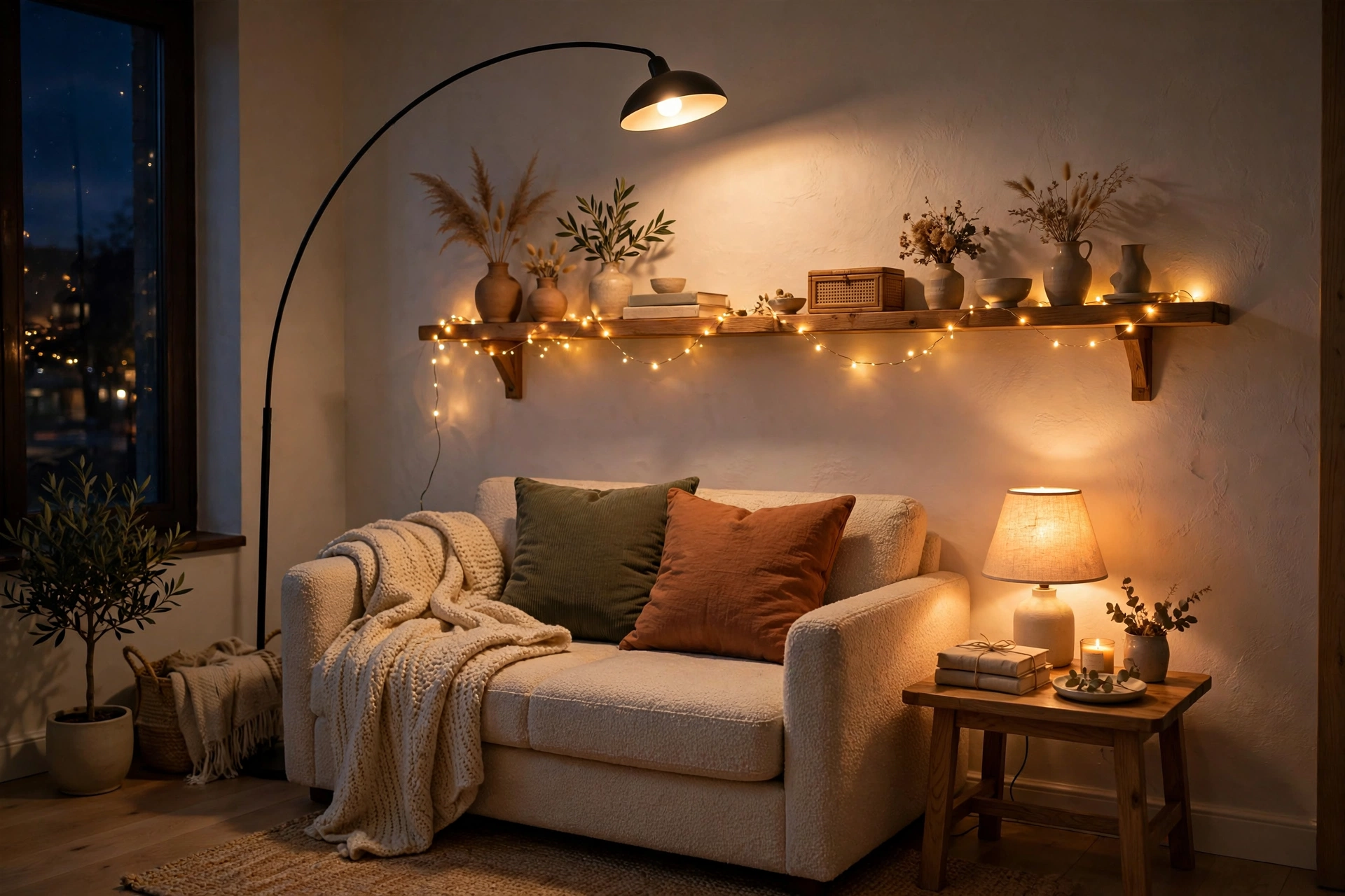 Layered lighting with floor lamp and string lights in a cozy living room