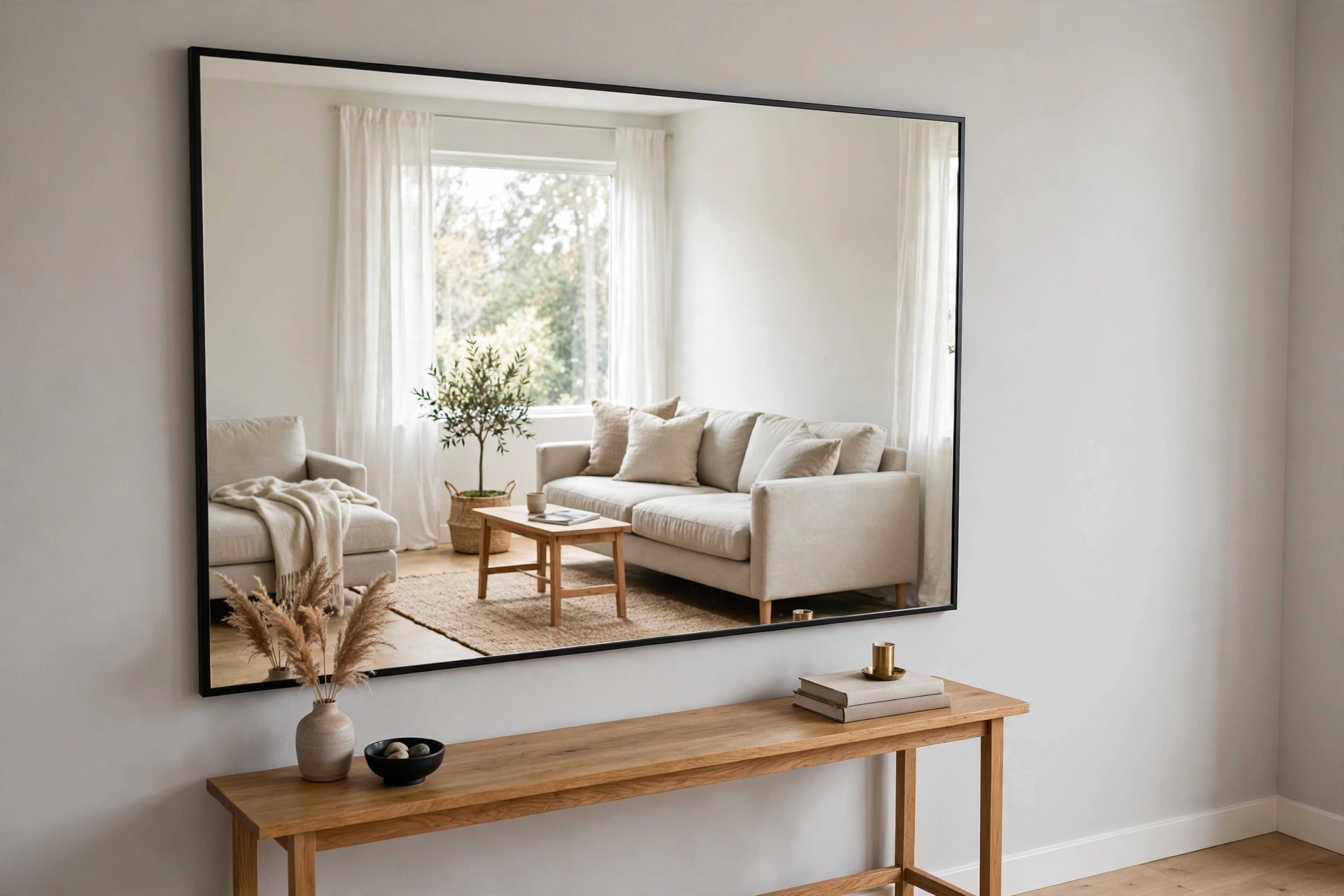 Large mirror making a small living room look bigger and brighter