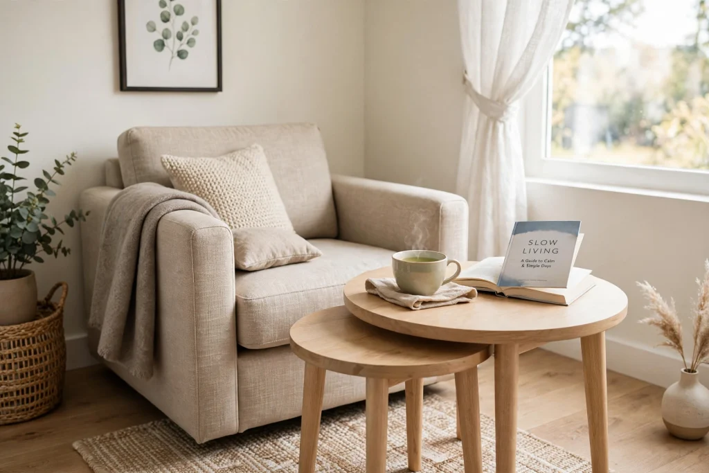 Nesting side tables beside an armchair in a small living room