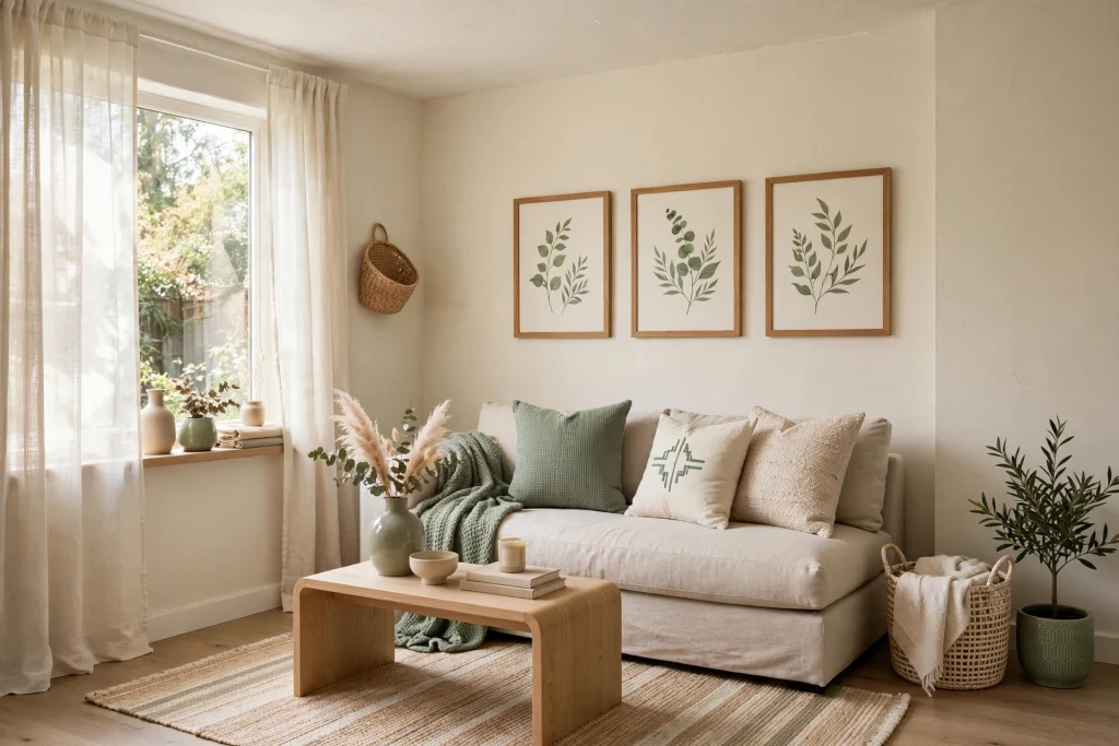 Small living room in a cohesive cream, beige and sage palette