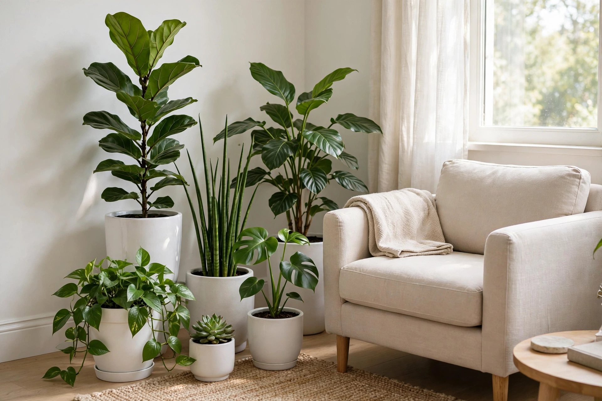Houseplants styled in a small living room corner