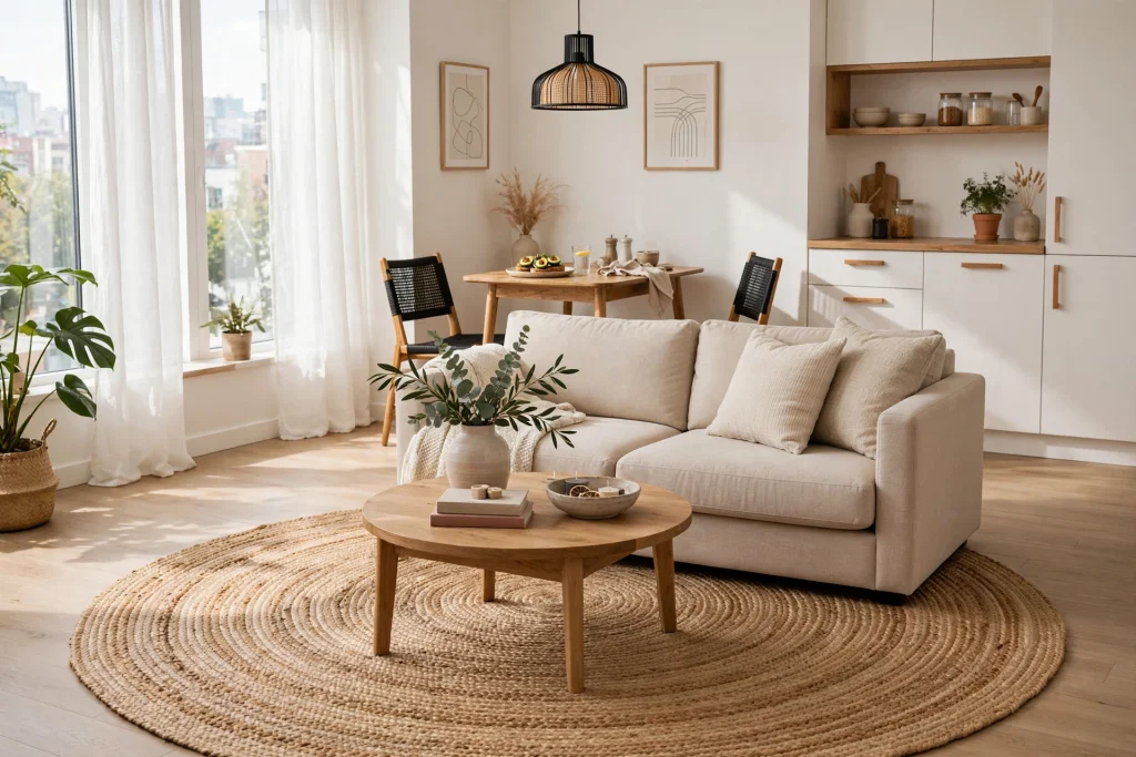 Round jute rug defining zones in a small open-plan living room