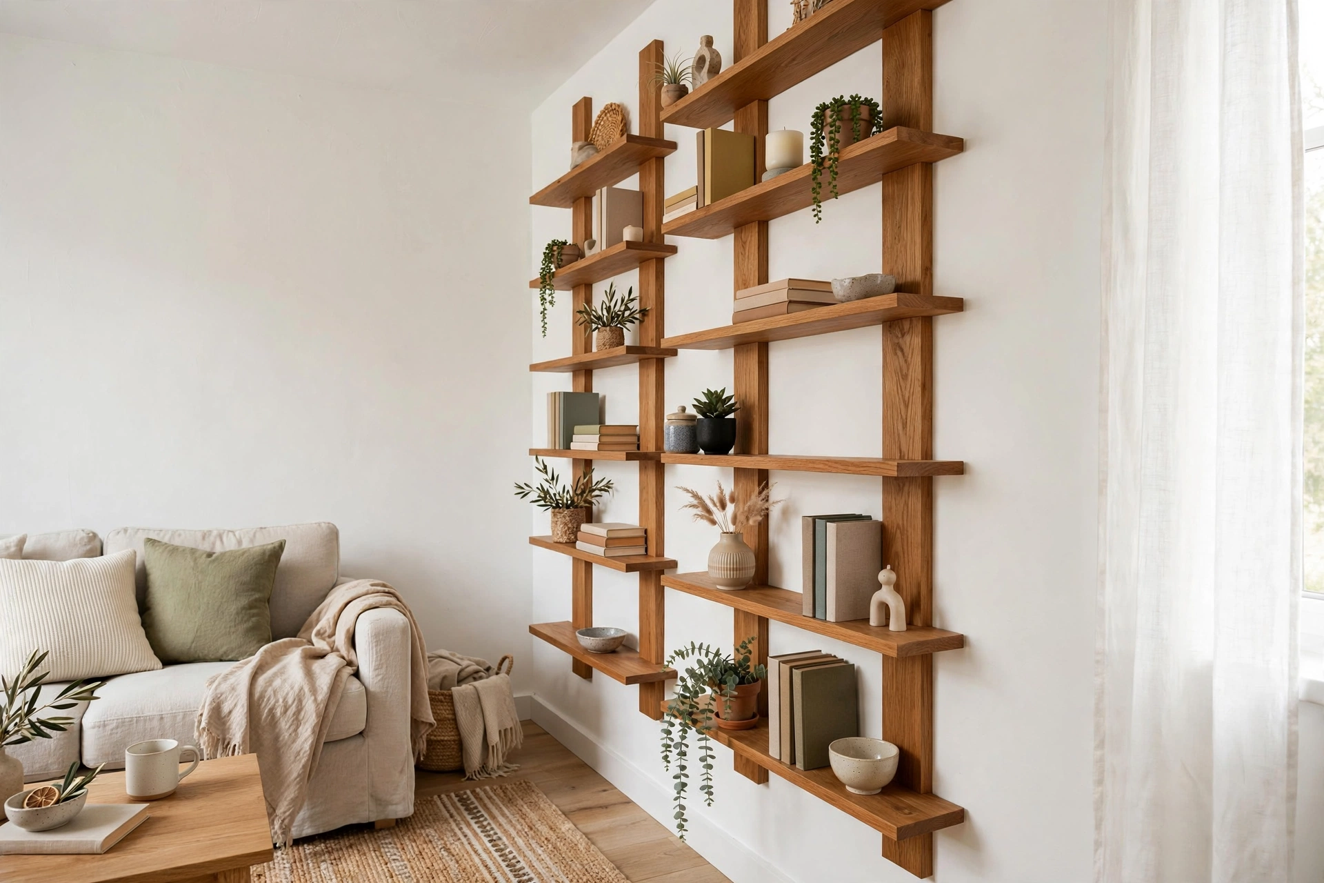 Tall vertical floating shelves in a small living room