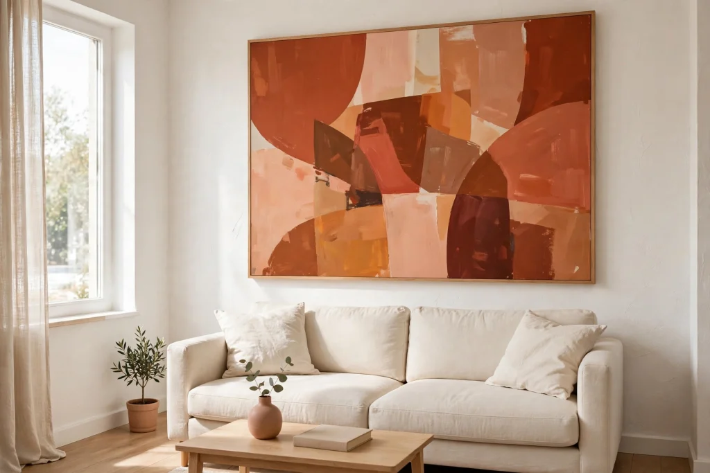 Oversized abstract art as a statement piece in a small living room