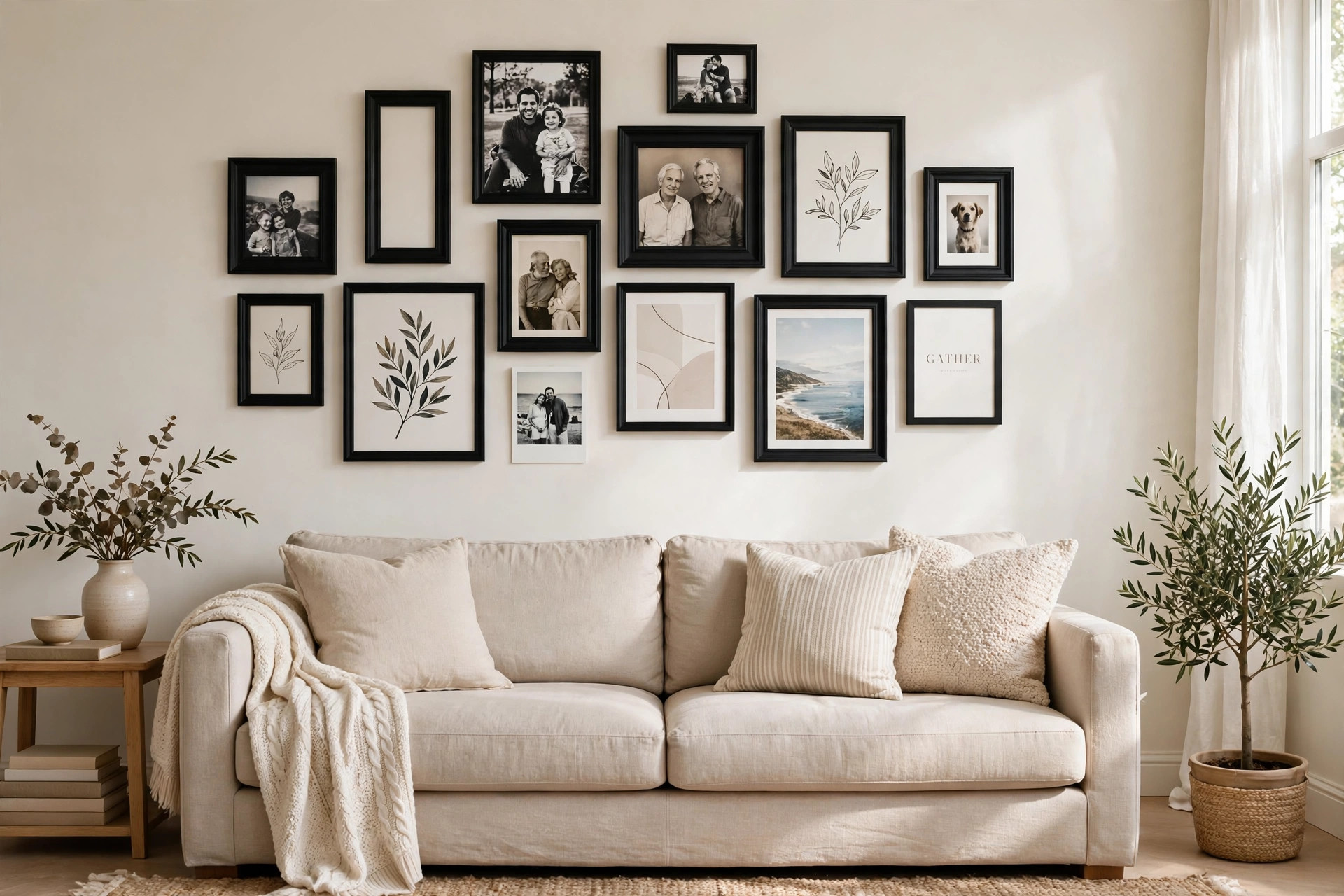 Gallery wall of black-framed photos and art prints above a beige sofa