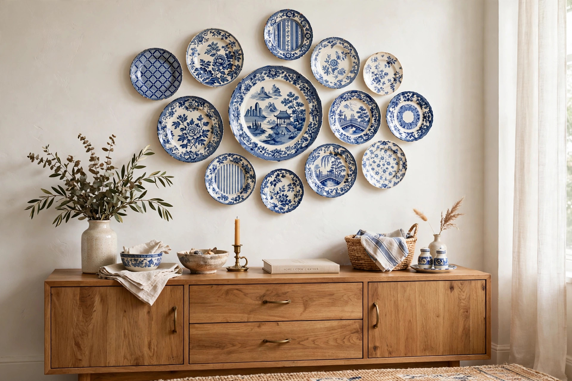Decorative patterned plates arranged in a cluster as wall art