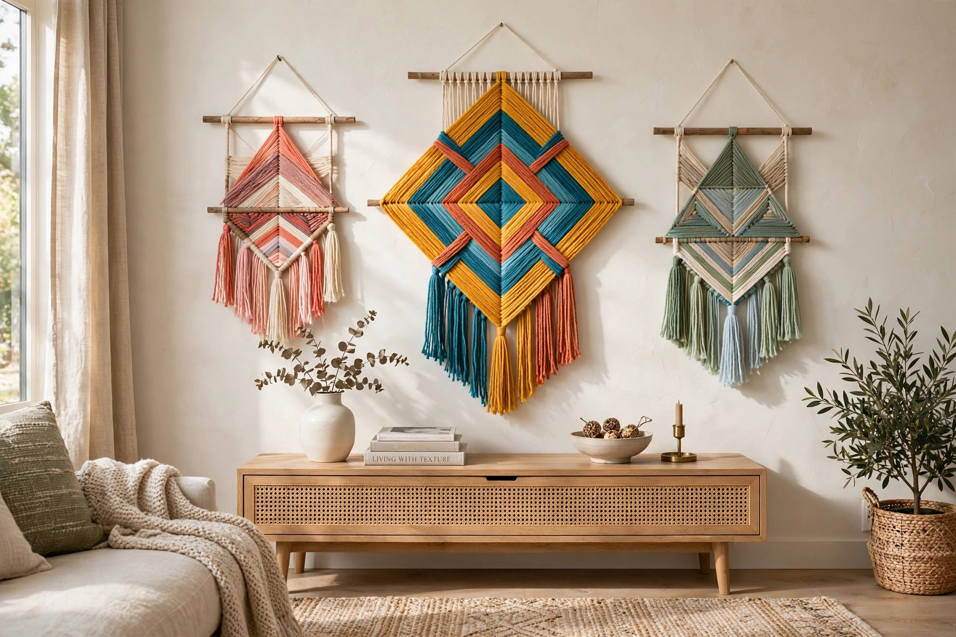 Geometric yarn wall art with bold colorful wrapped patterns