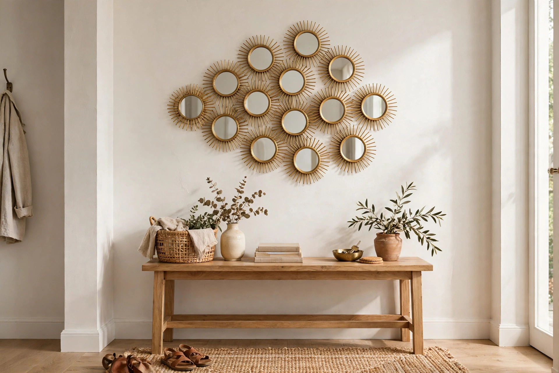 Cluster of small round and starburst mirrors arranged on a wall