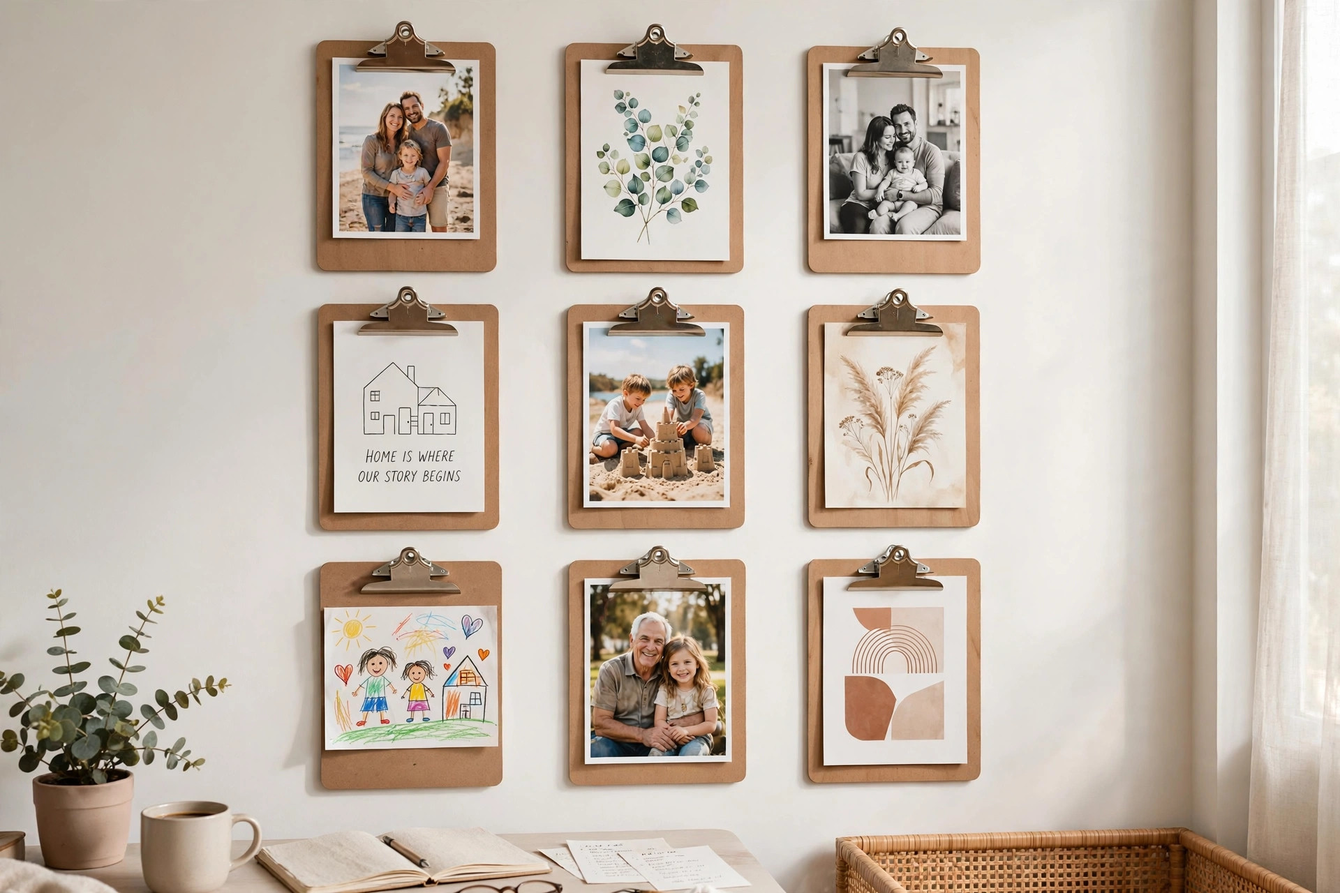 Row of clipboards mounted on a wall displaying photos and prints