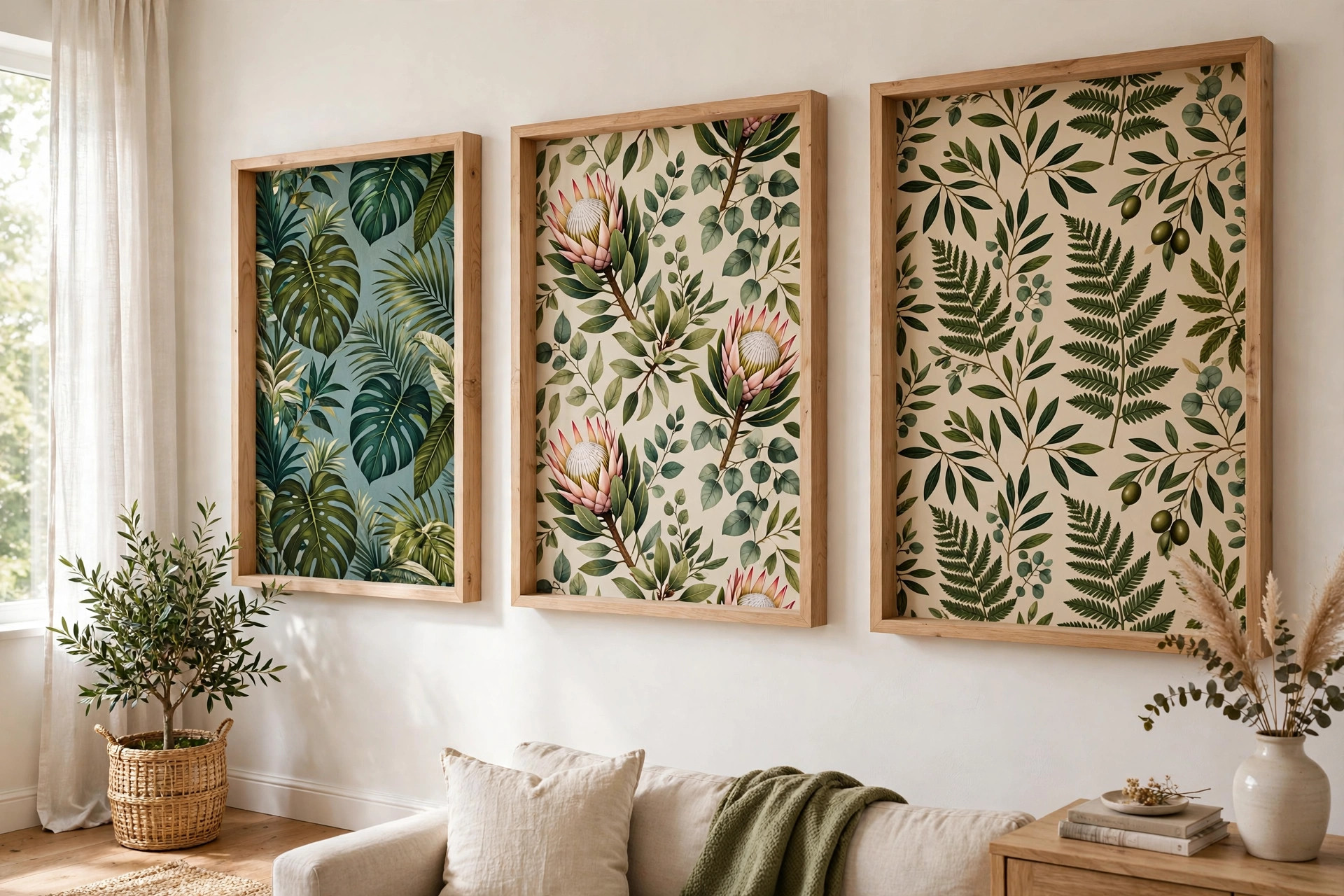 Peel-and-stick wallpaper panels framed as oversized botanical wall art