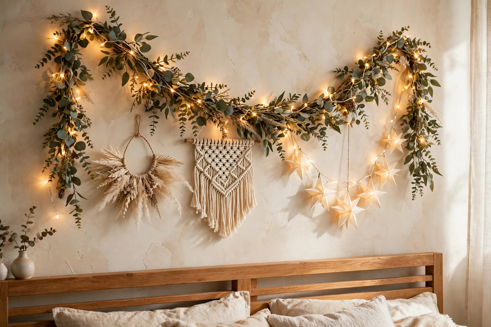 Warm fairy lights woven with eucalyptus garland glowing above a wooden bed