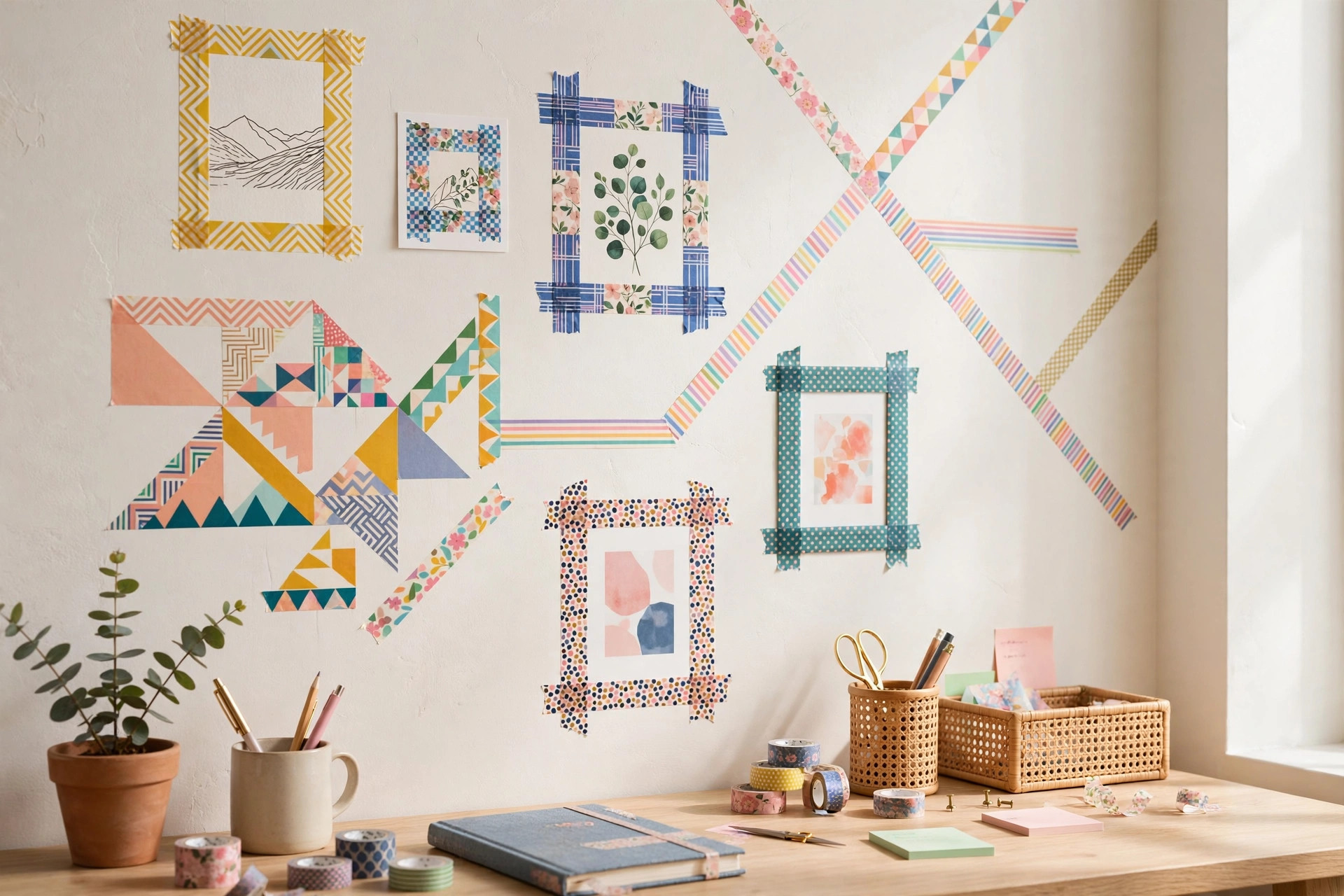 Colorful washi tape creating geometric accent designs on a wall
