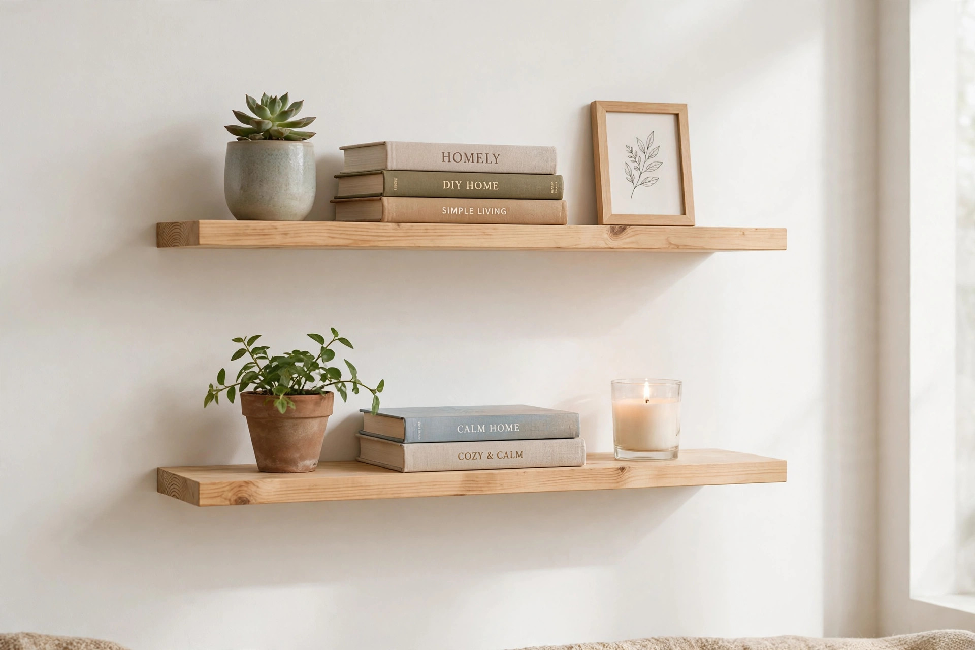 White floating shelves styled with potted plants, stacked books and candles