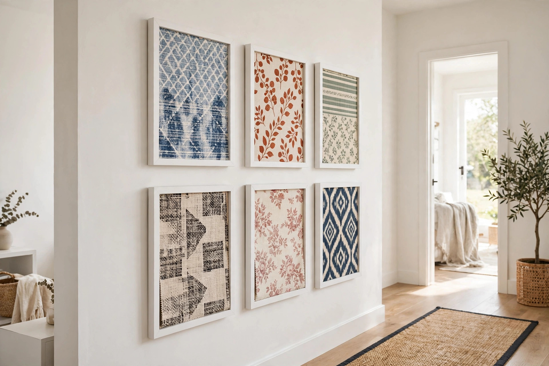 Framed fabric swatches hung in a grid as colorful textile wall art