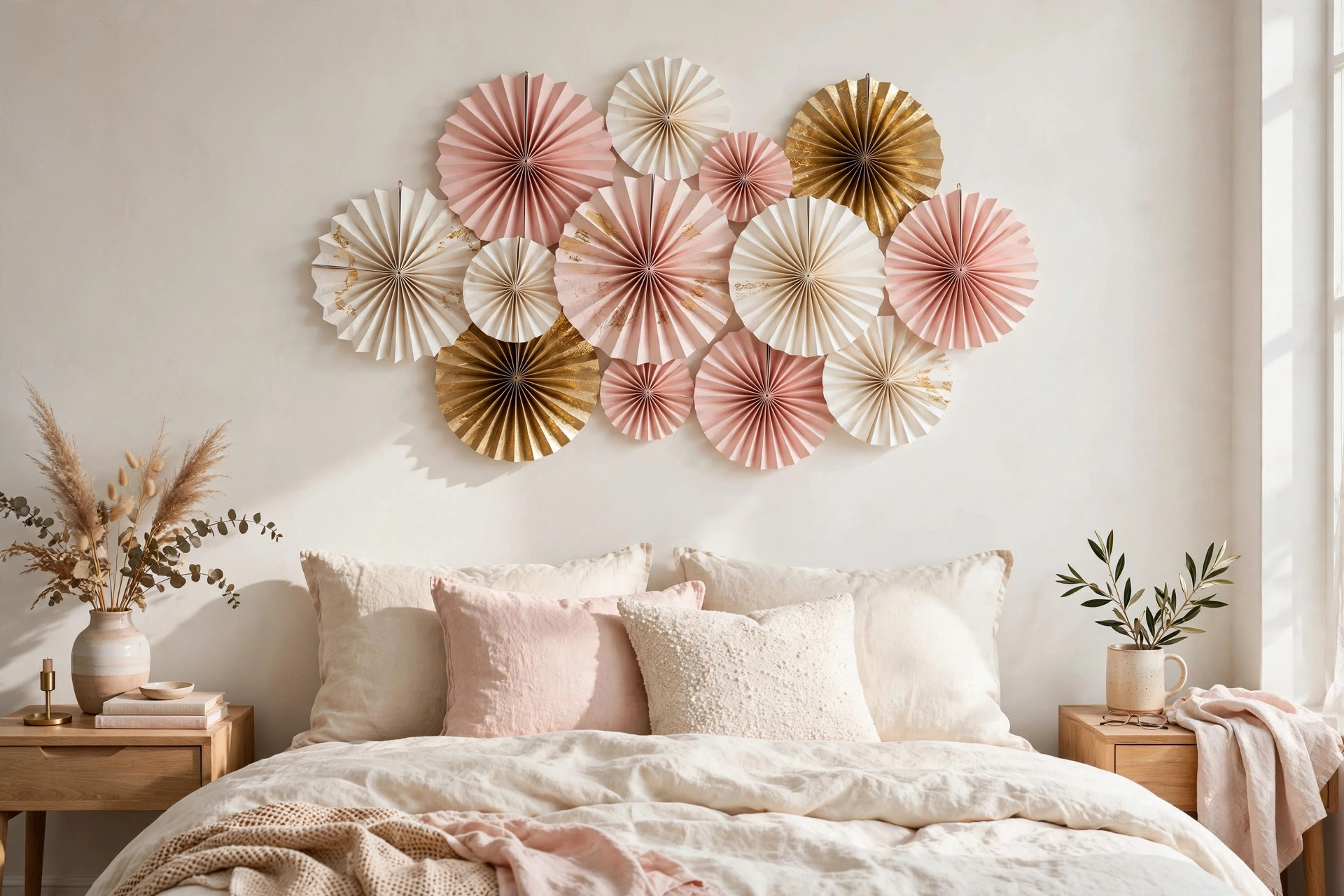 Folded 3D paper fan medallions clustered in an organic wall arrangement
