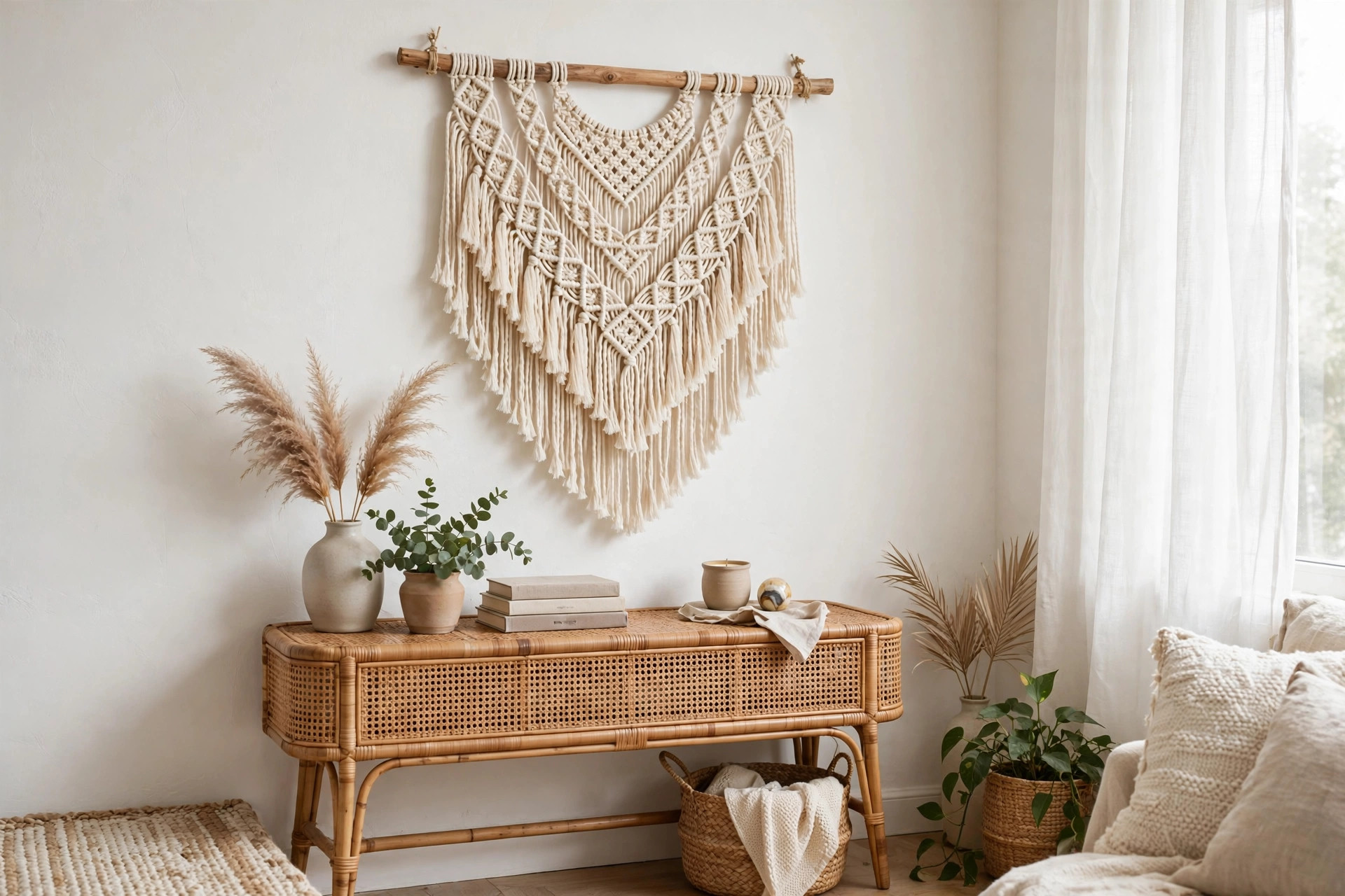Hand-knotted macrame wall hanging on a wooden dowel