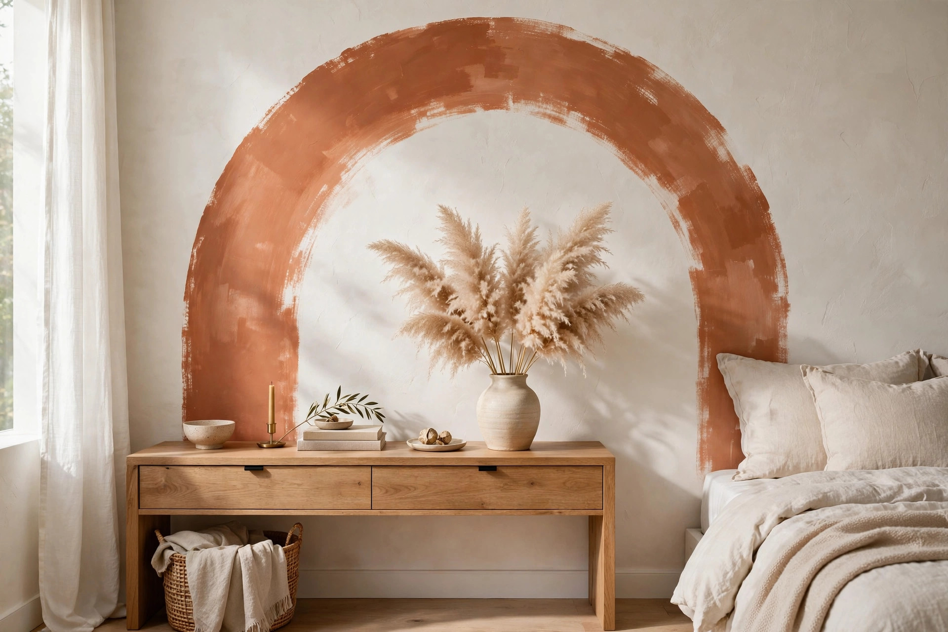 Terracotta painted arch accent wall behind a console table with pampas grass