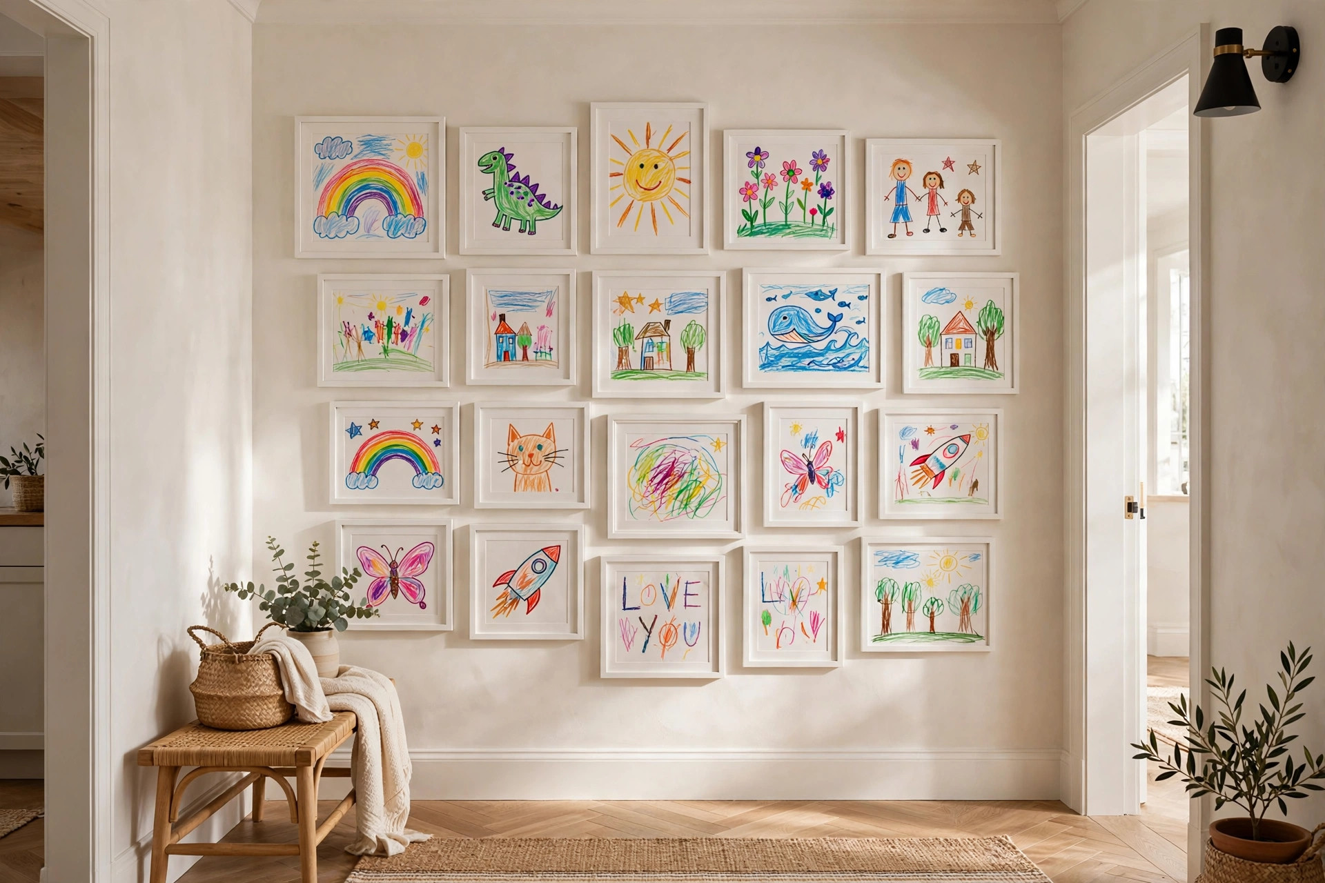 Framed children's drawings hung salon-style as a colorful art gallery