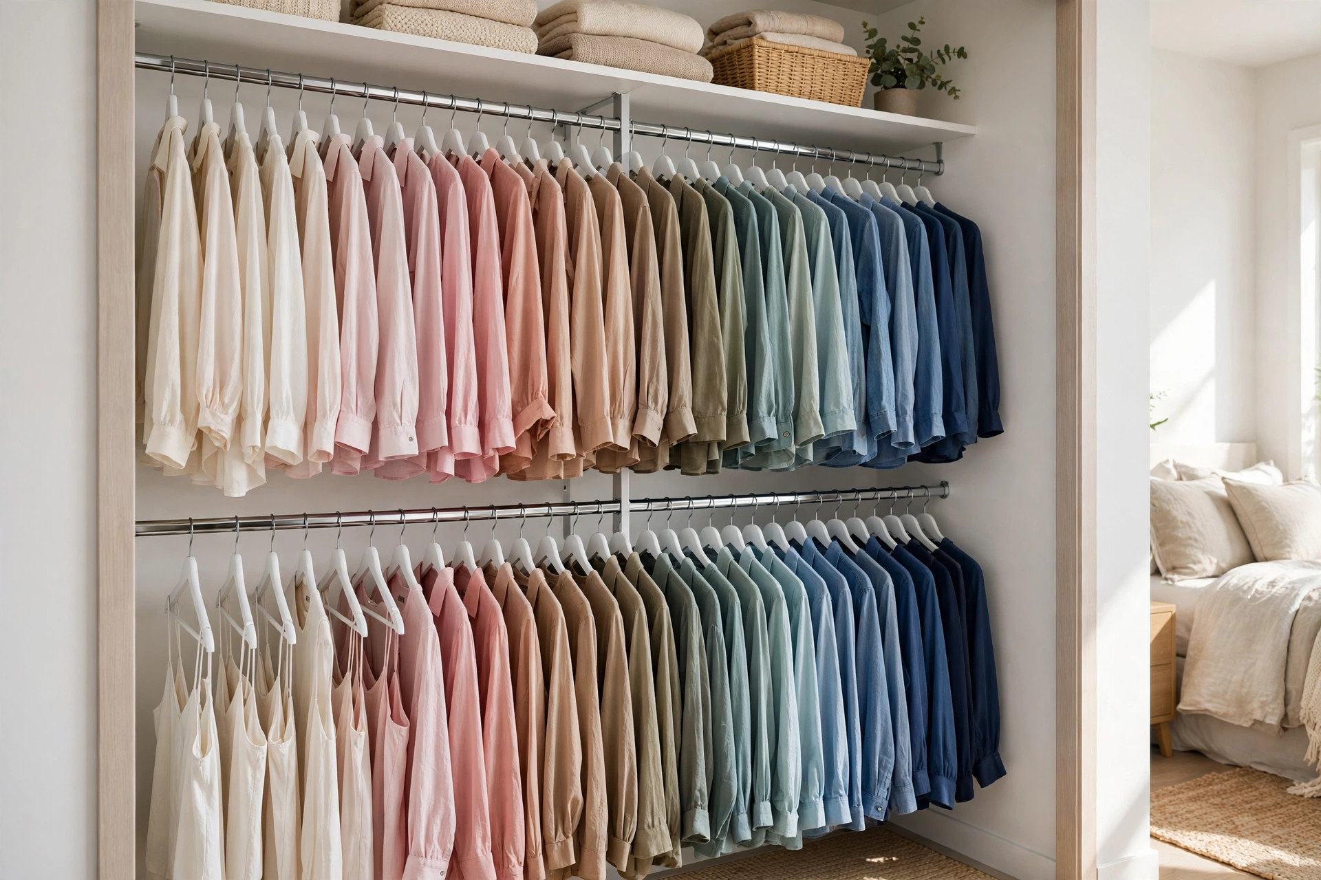 Closet with double hanging rods holding shirts and blouses
