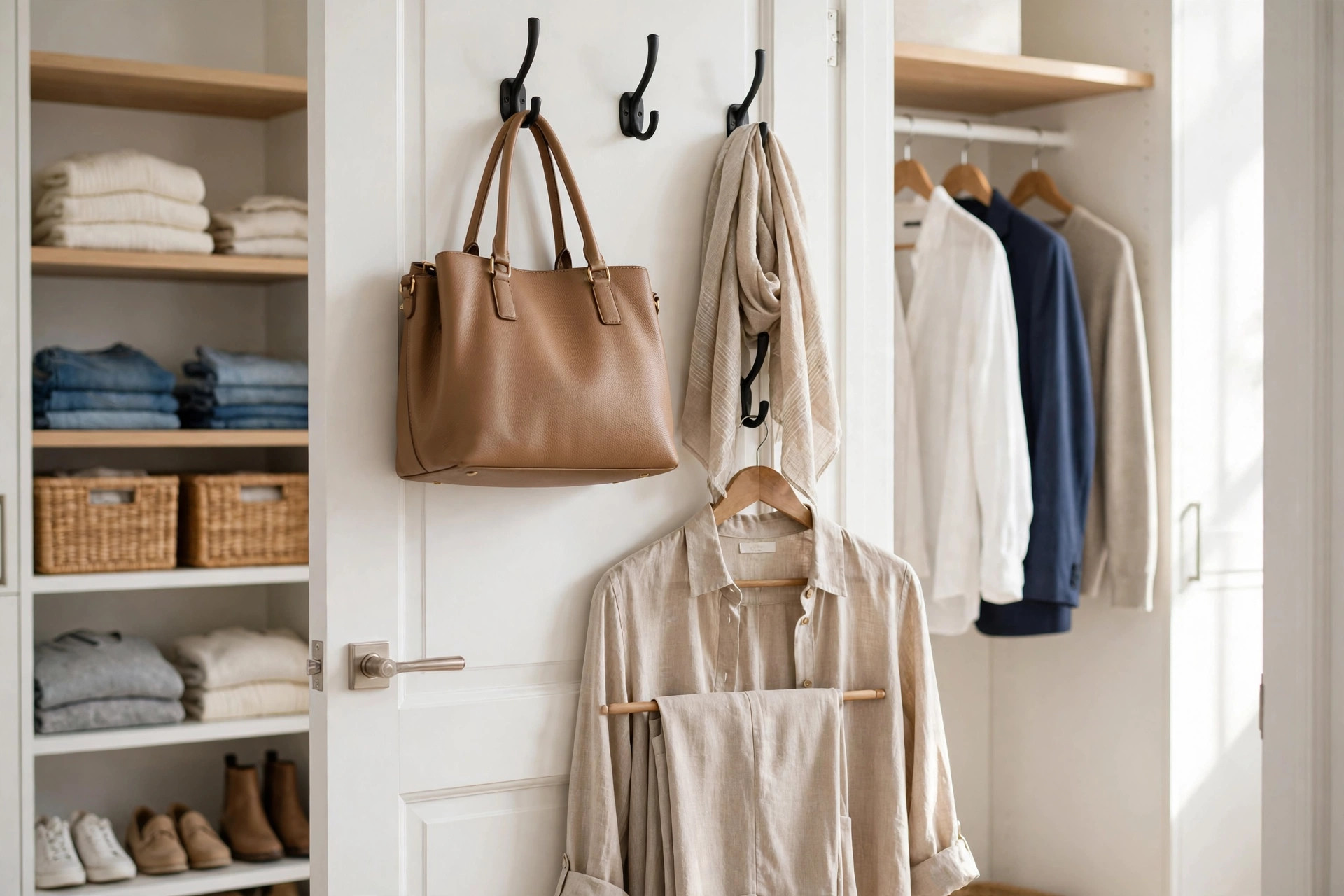 Bags and scarves hanging on hooks inside a closet door