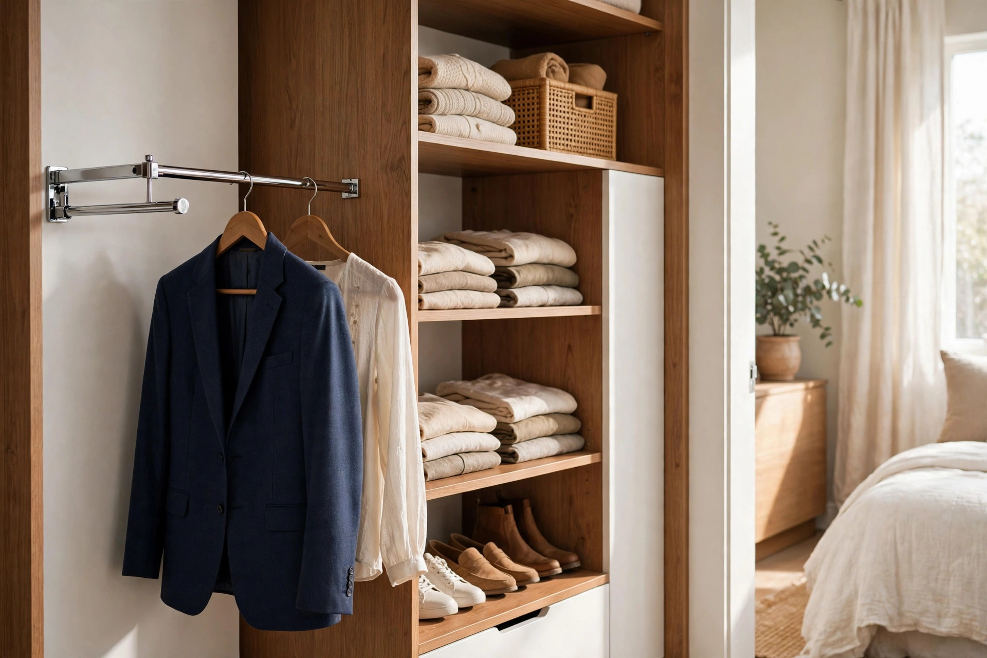 Pull-out valet rod staging tomorrow's outfit in a closet