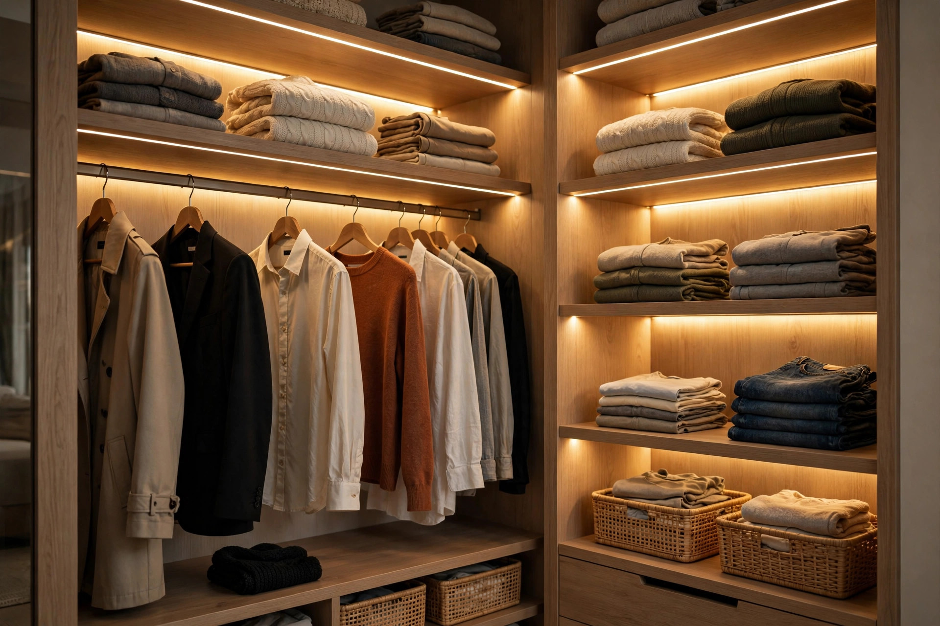 Closet interior brightened with warm LED strip lighting
