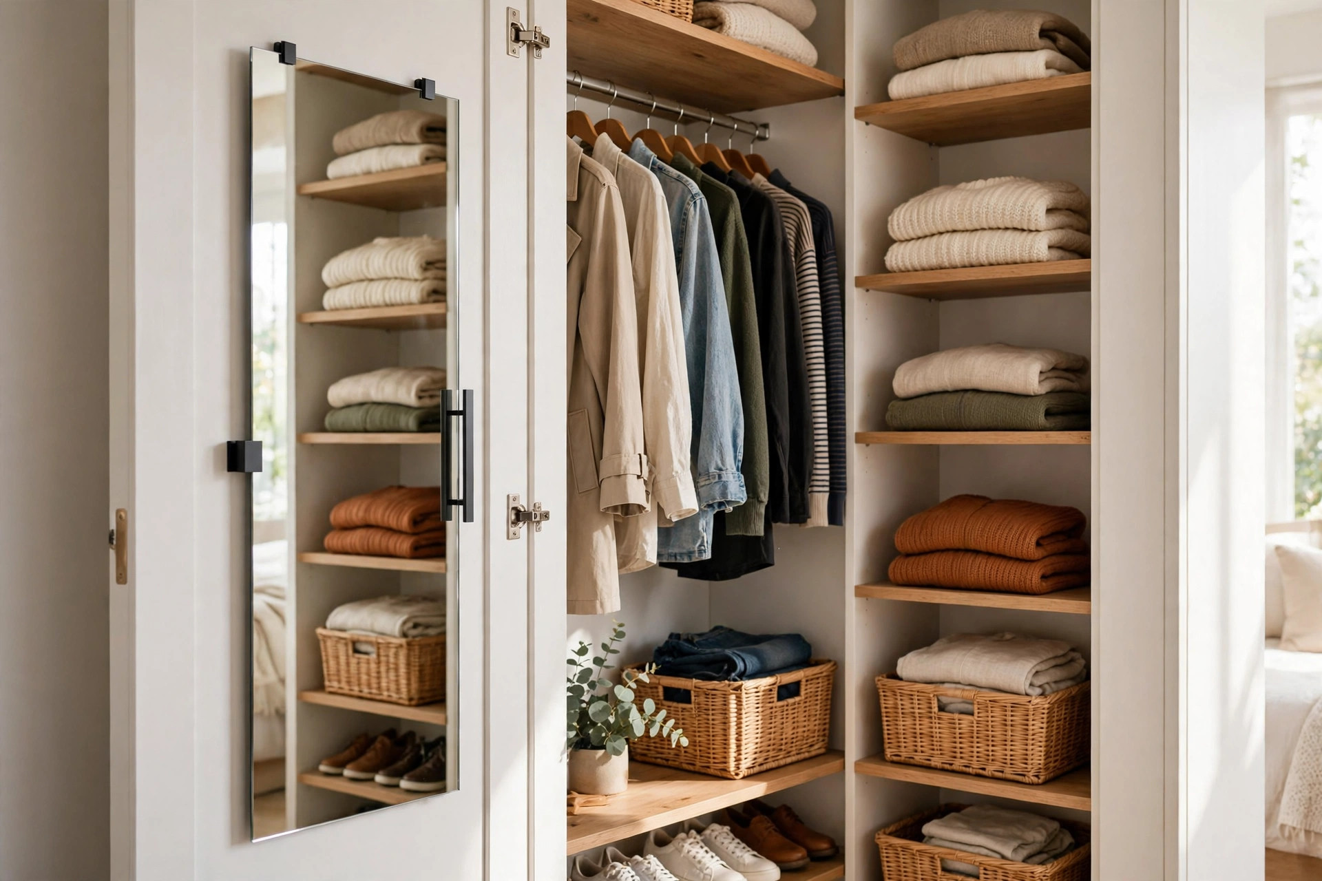 Full-length mirror mounted on the inside of a closet door