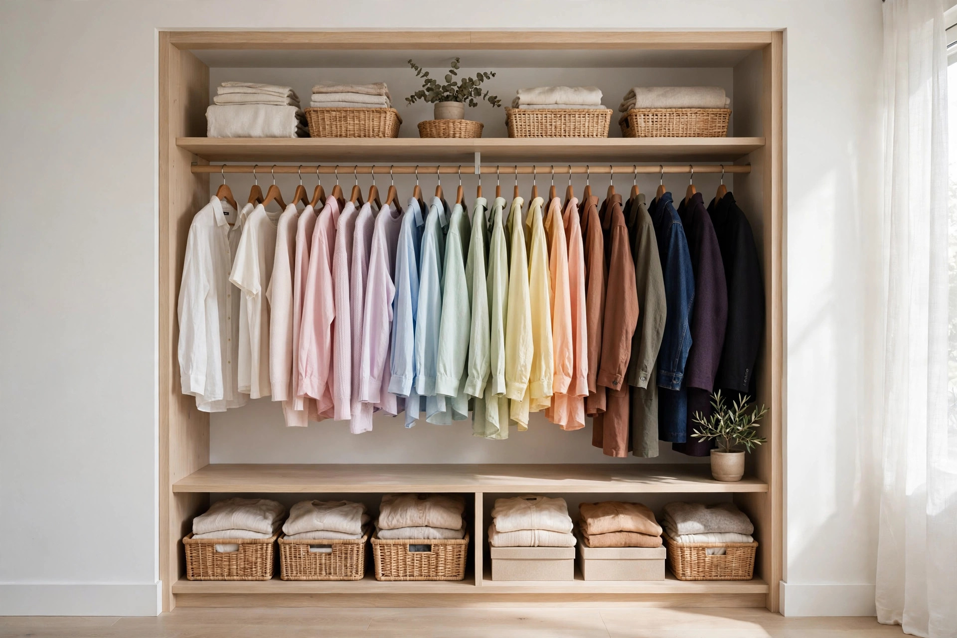 Closet clothes arranged by color in a light-to-dark gradient
