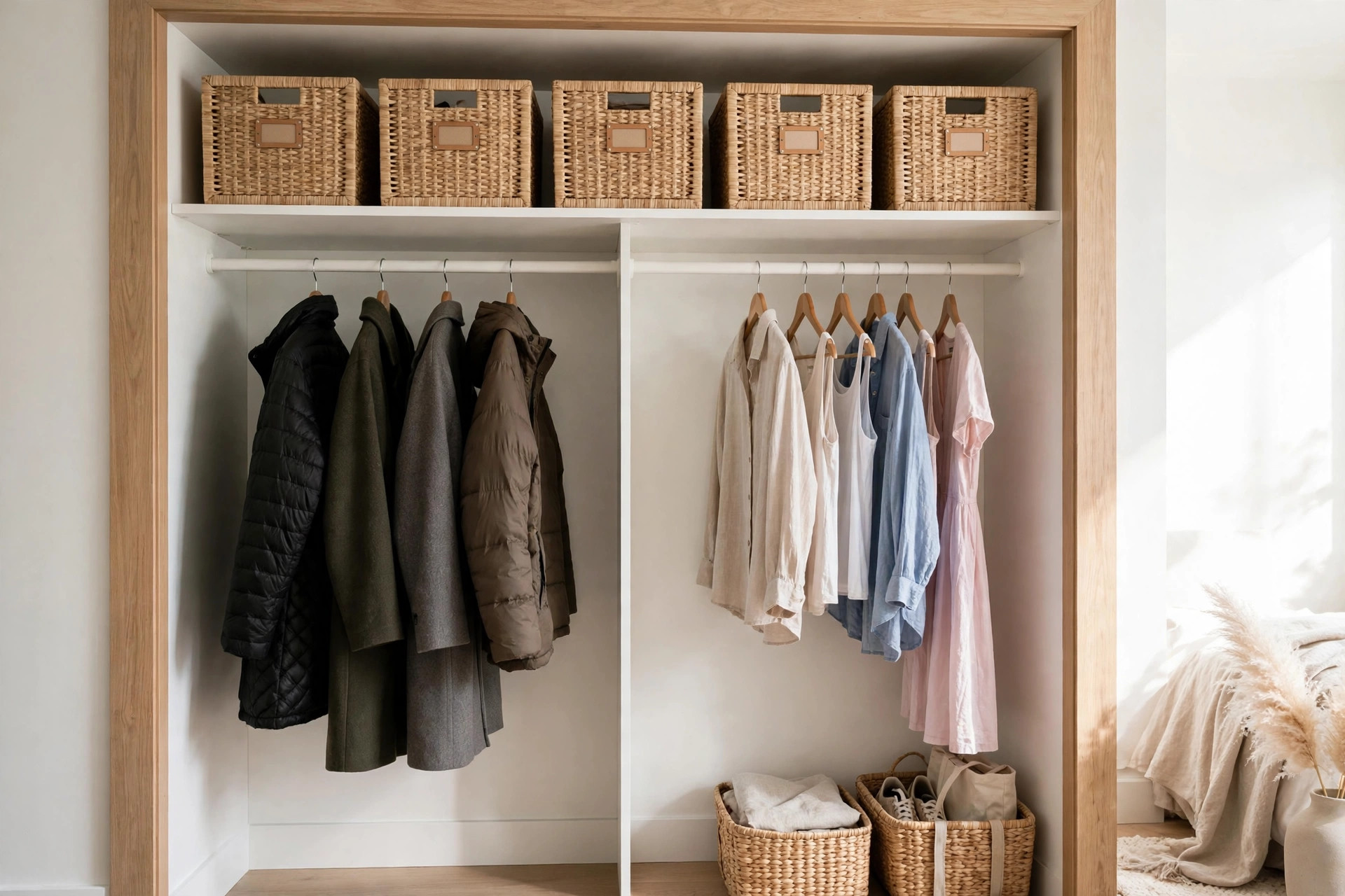Labeled bins of off-season clothes on a closet top shelf