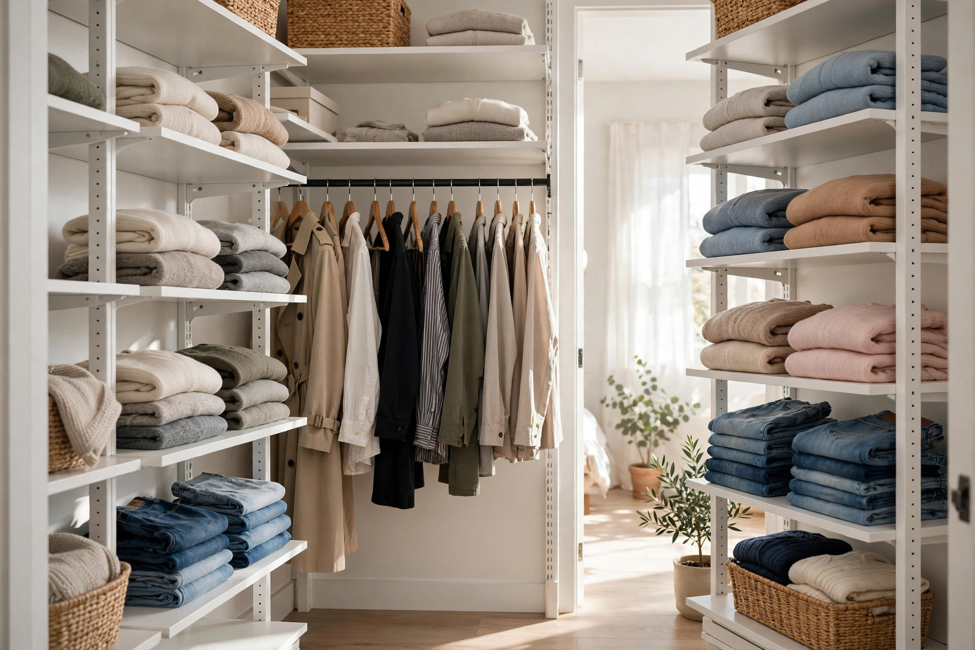 Tall narrow shelving tower with folded clothes in a small closet
