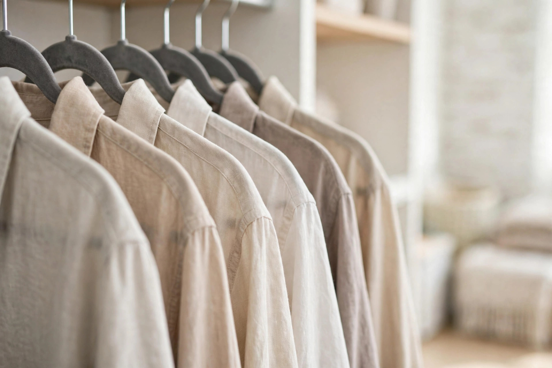 Matching slim hangers holding neatly arranged neutral clothing