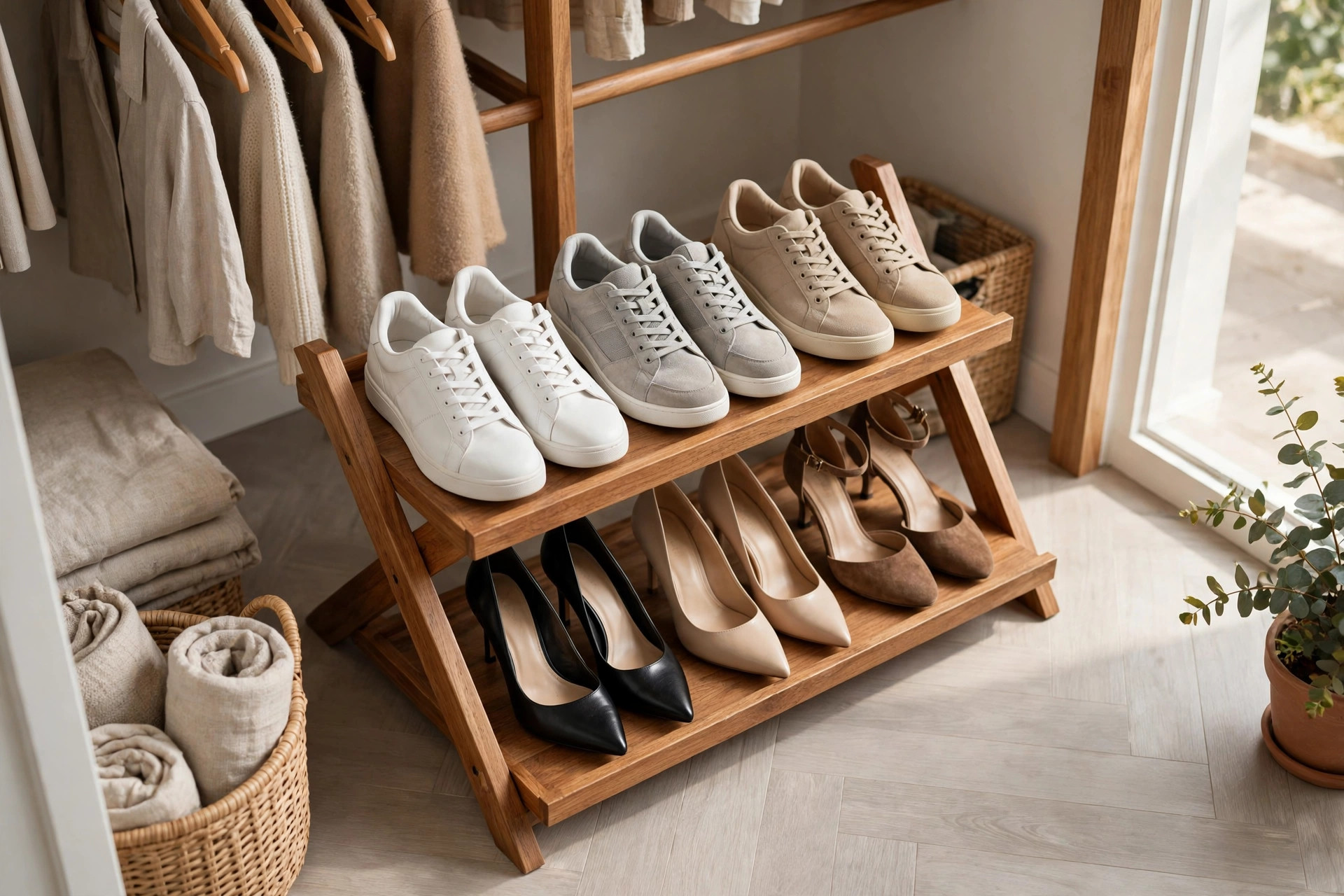 Tiered shoe rack with shoes neatly lined up in pairs