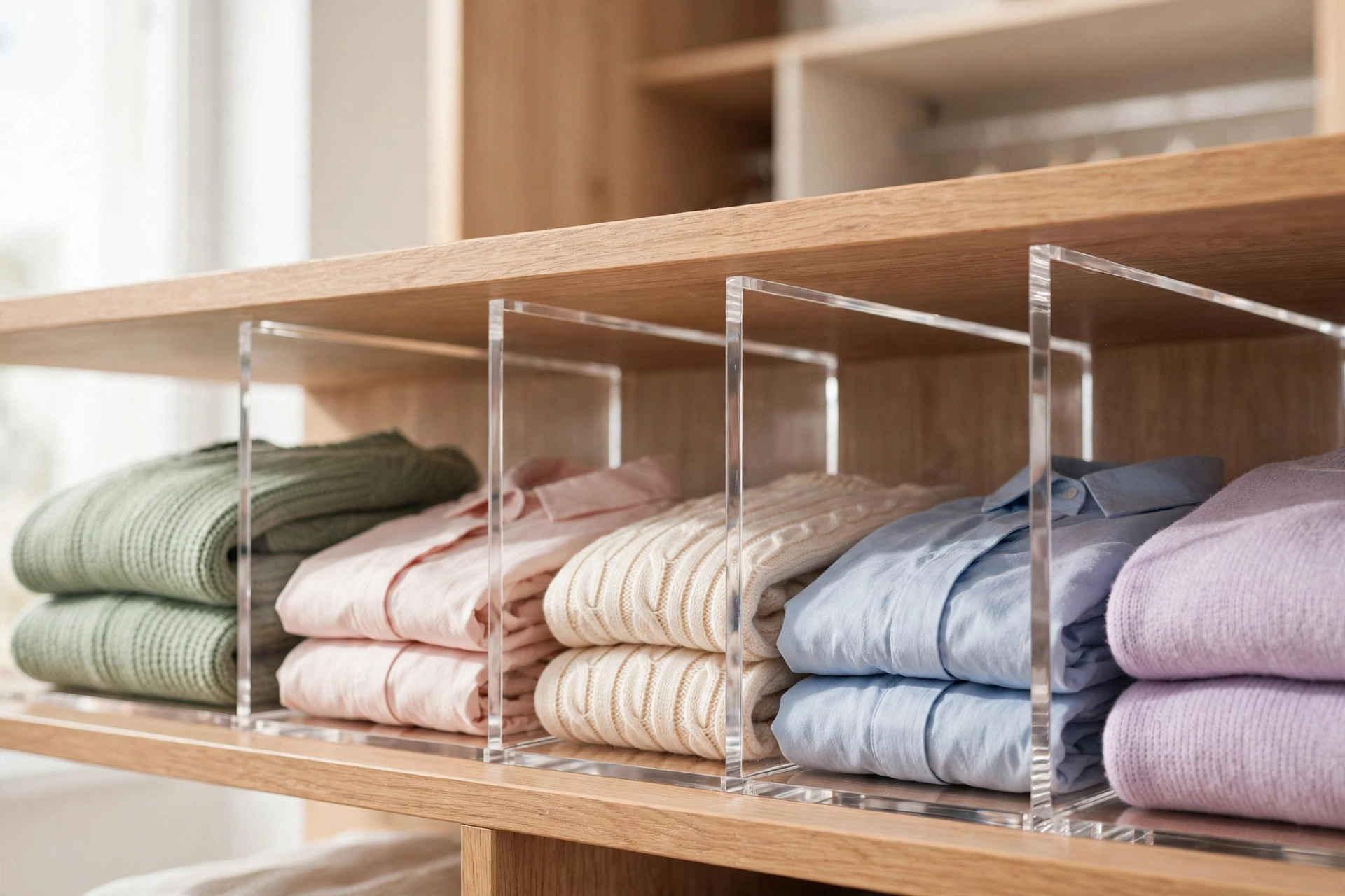 Folded clothing stacks kept neat with clear acrylic shelf dividers