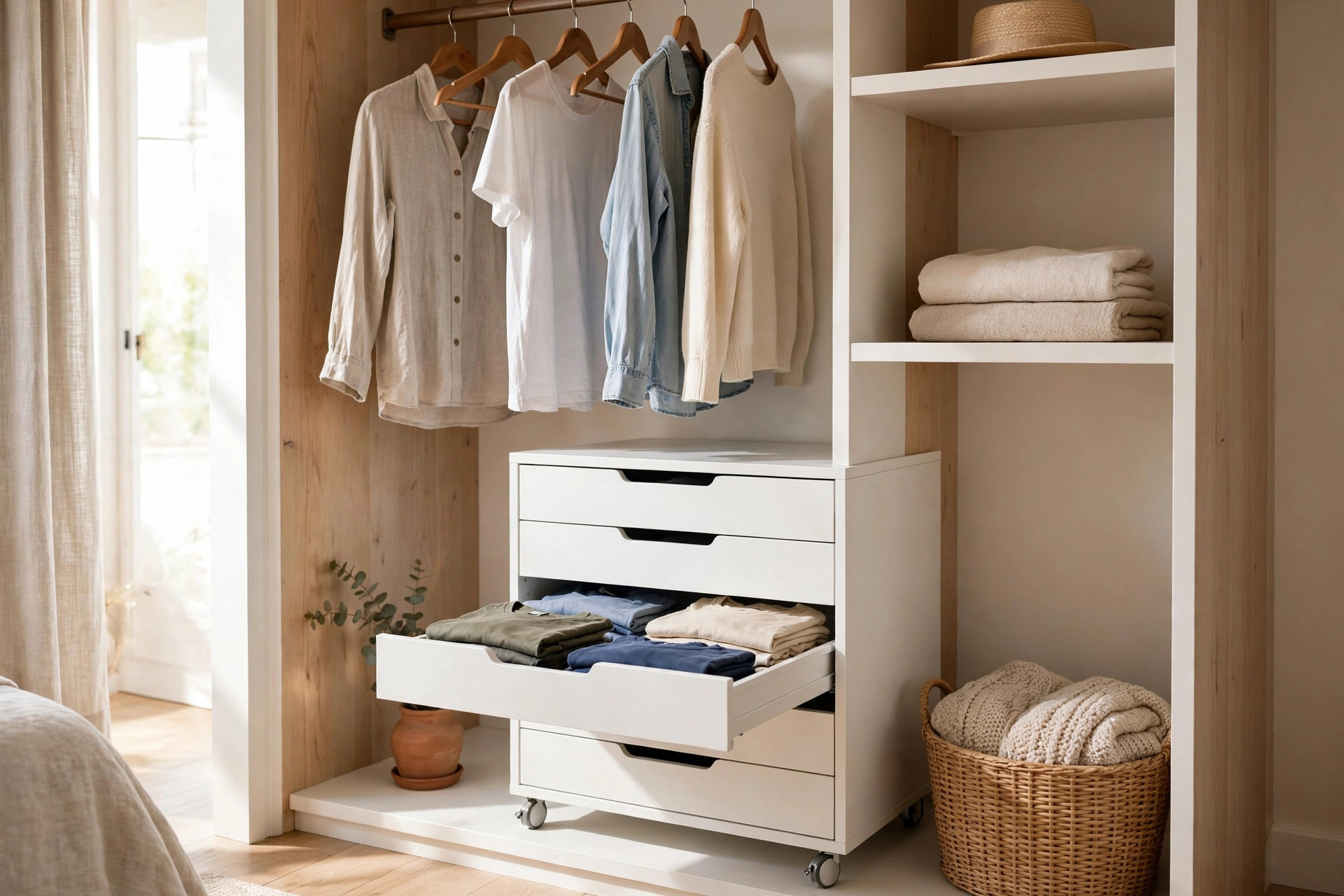 Slim rolling drawer unit tucked under short-hang clothes