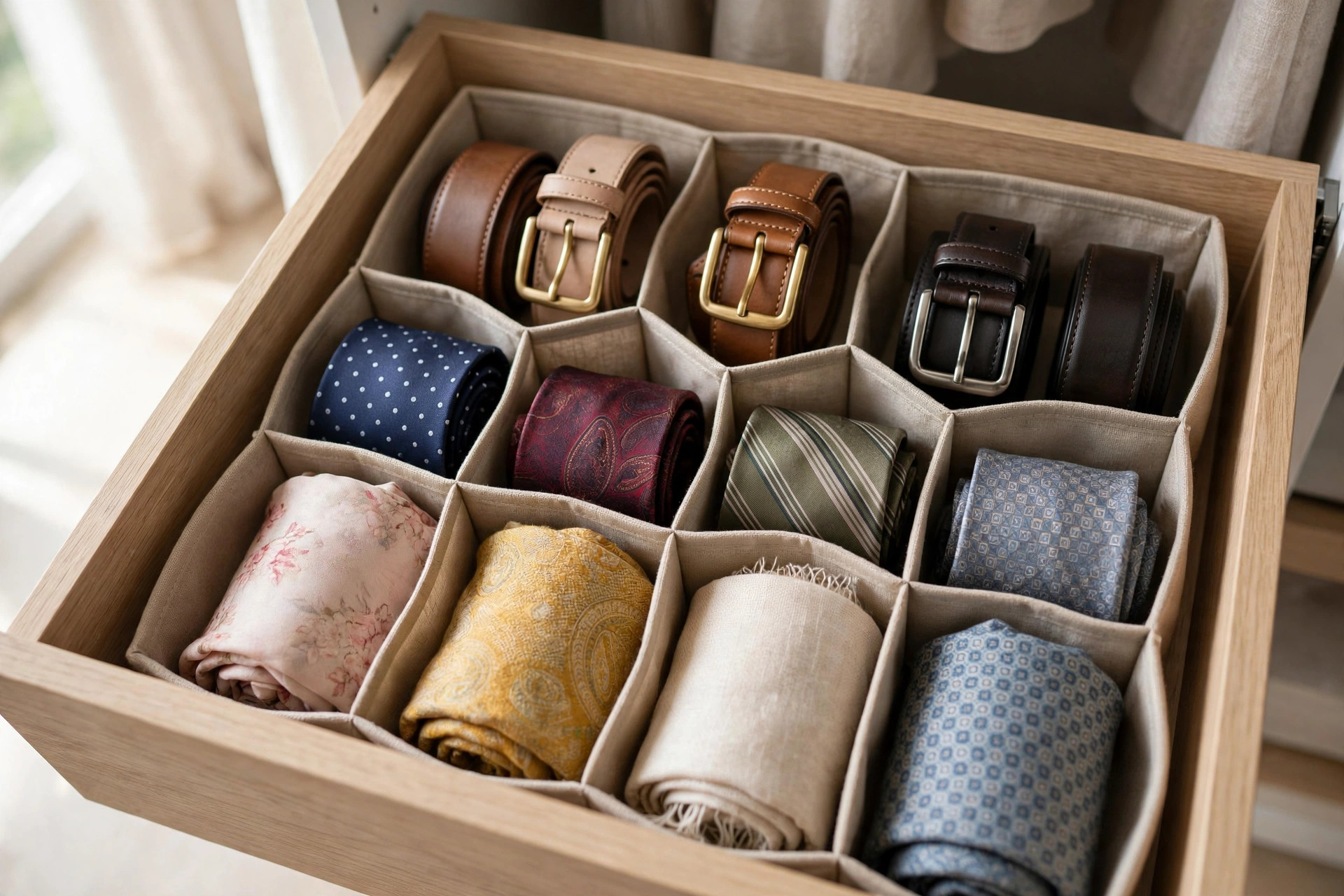 Drawer organizers with rolled belts, ties, and small accessories
