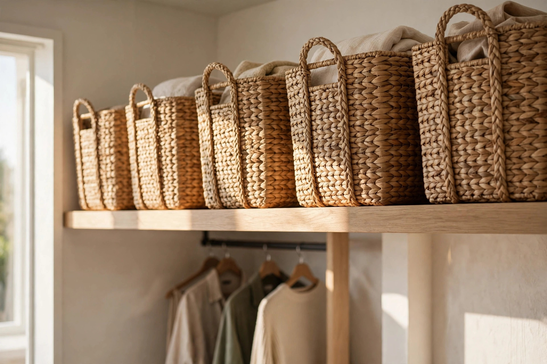 Woven baskets stored on a high closet shelf
