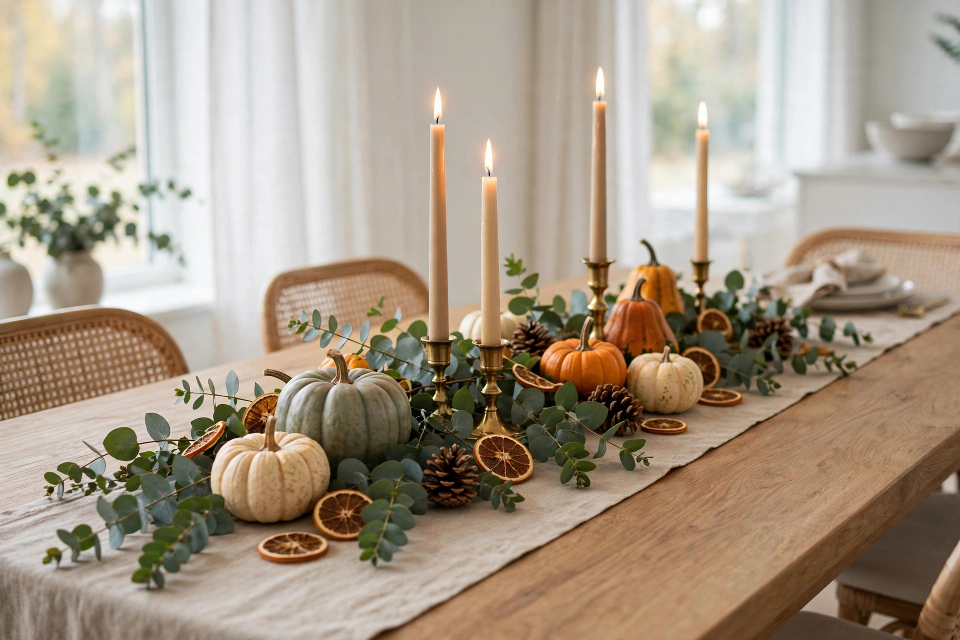 Thanksgiving table runner with eucalyptus, brass taper candles, and pumpkins