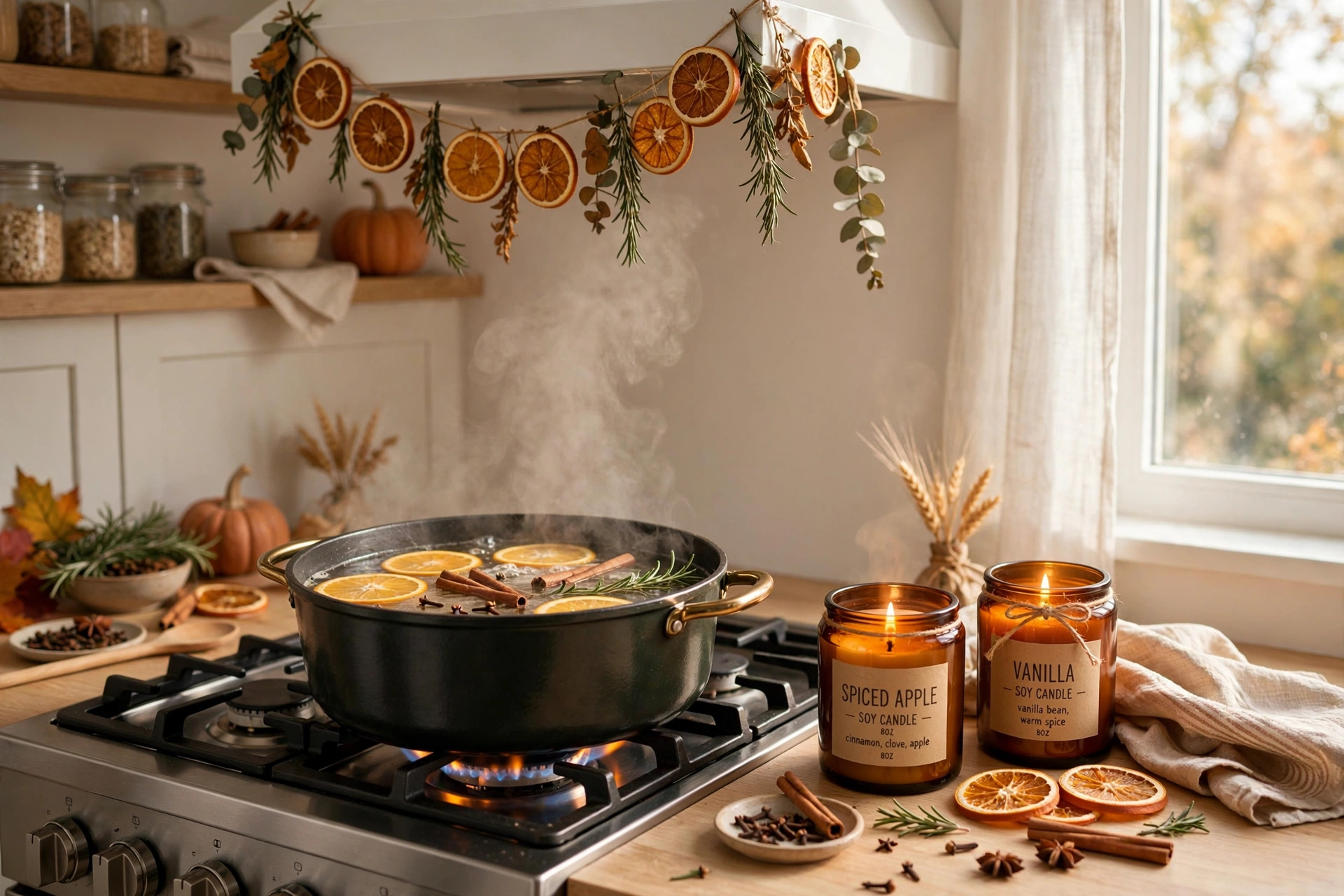 Stovetop simmer pot with oranges, cinnamon, and cloves beside amber candles