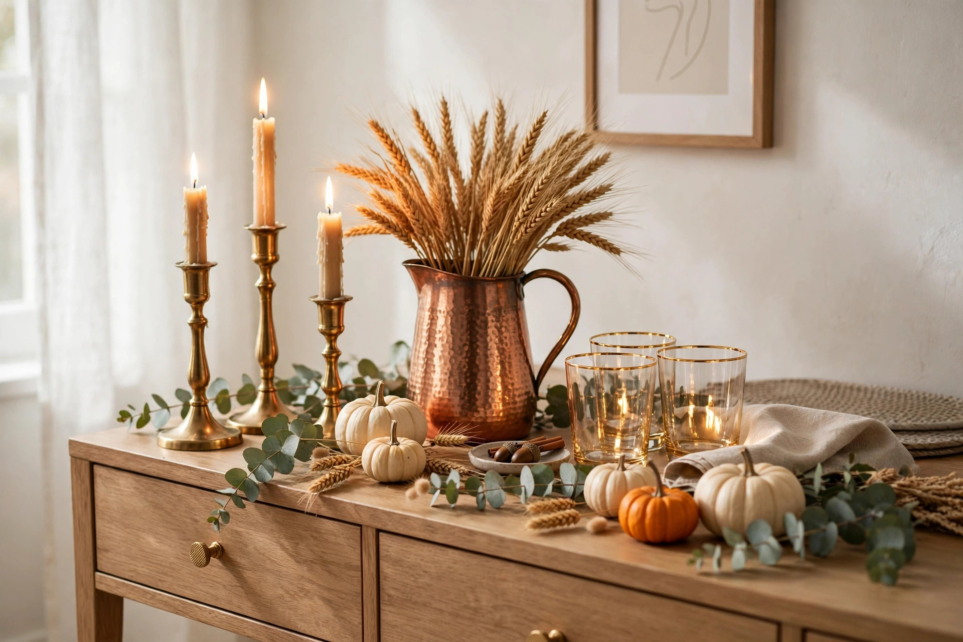Brass candlesticks and copper pitcher with wheat stems on a sideboard