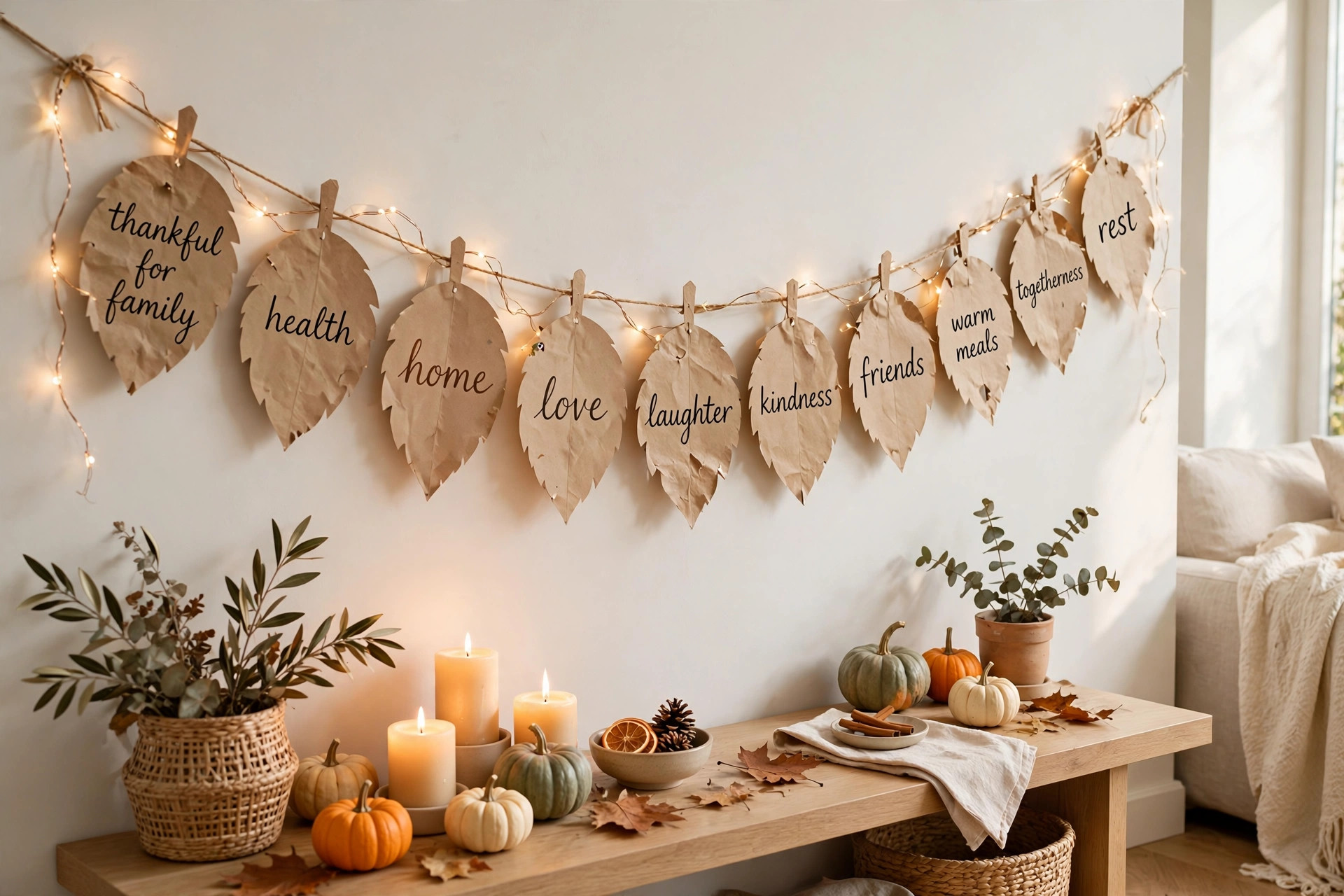 Thankful tree with bare branches and hanging kraft paper leaves