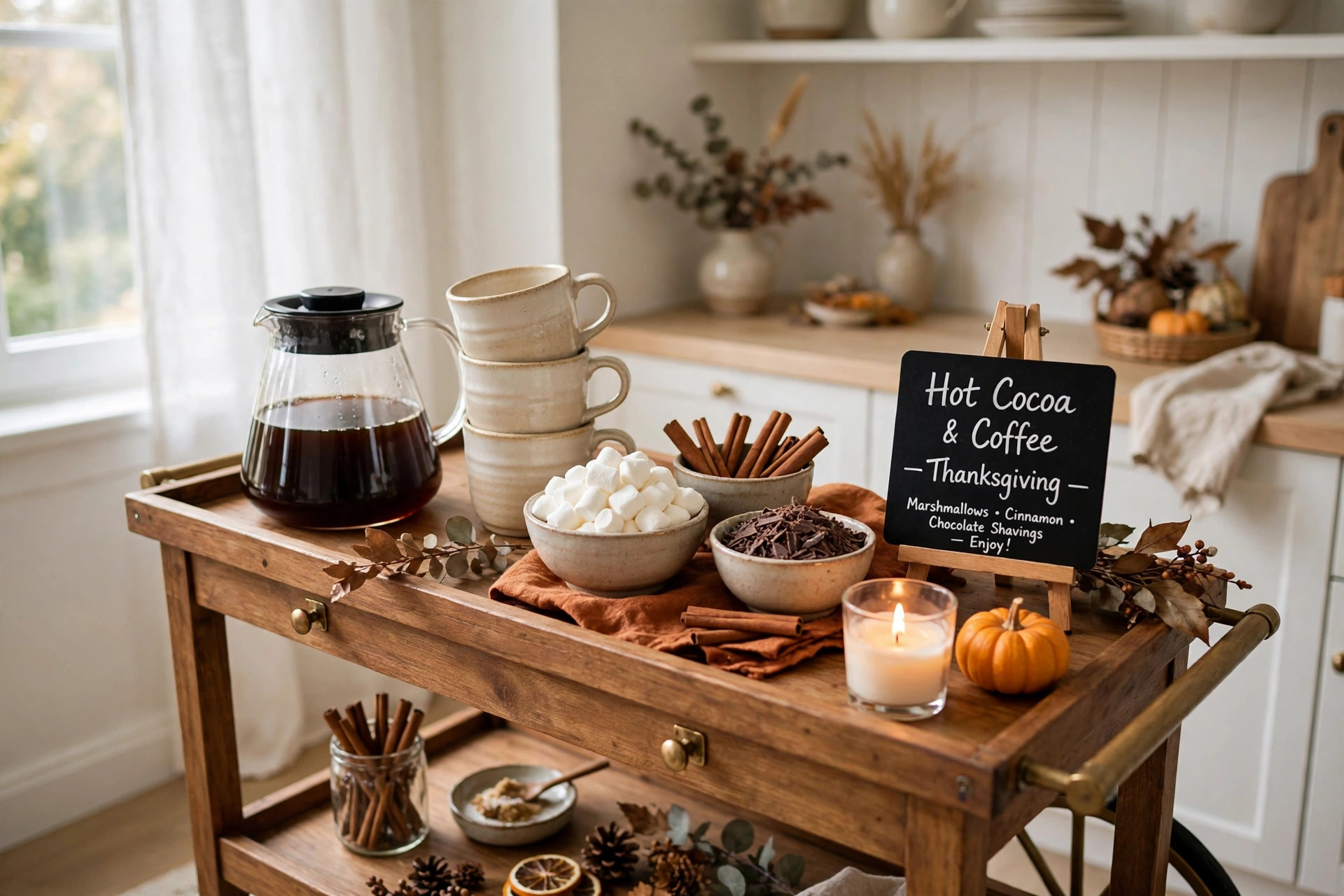 Cozy hot cocoa station with chunky mugs, marshmallows, and cinnamon sticks