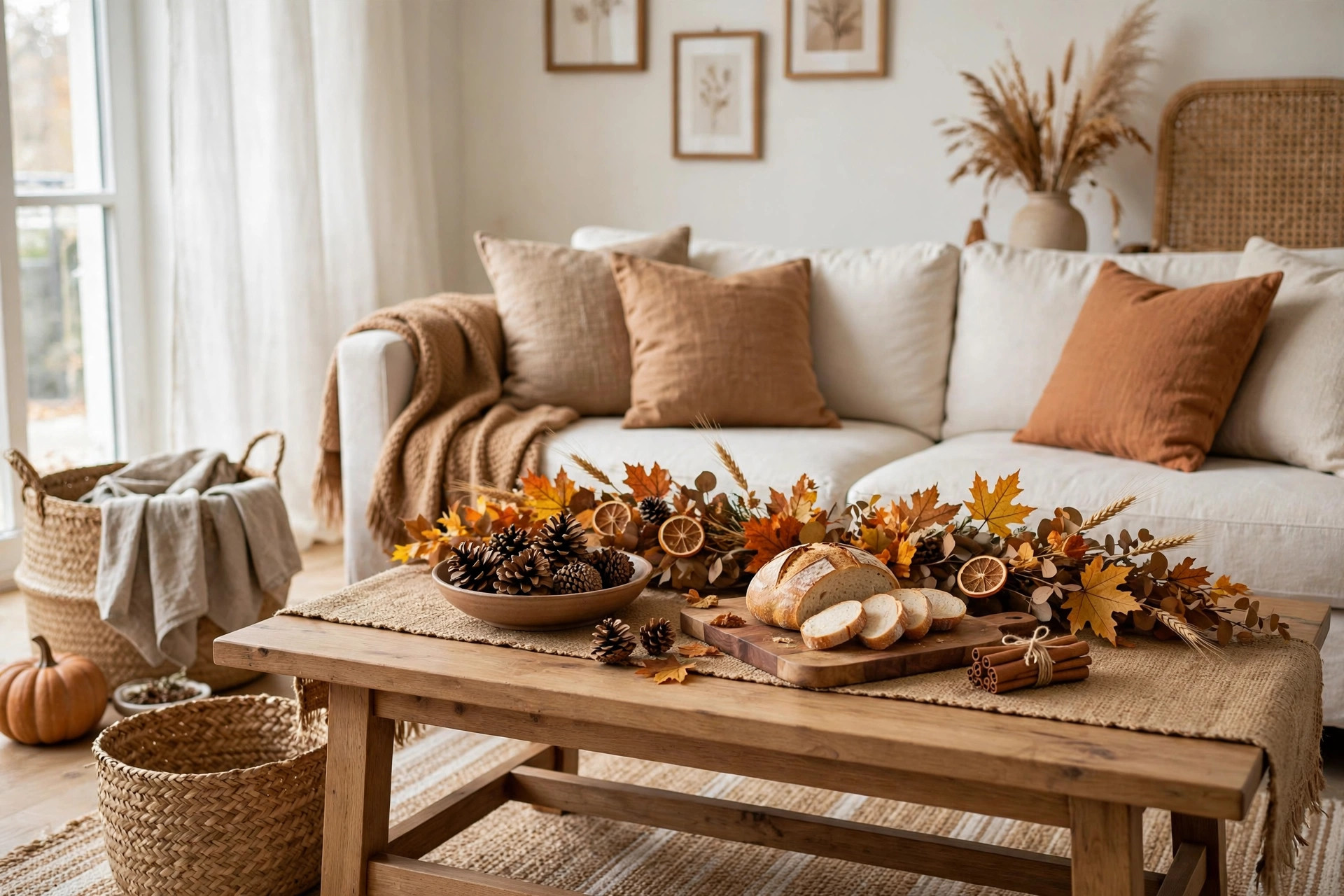Natural textures with woven baskets, wooden board, pinecones, and linen