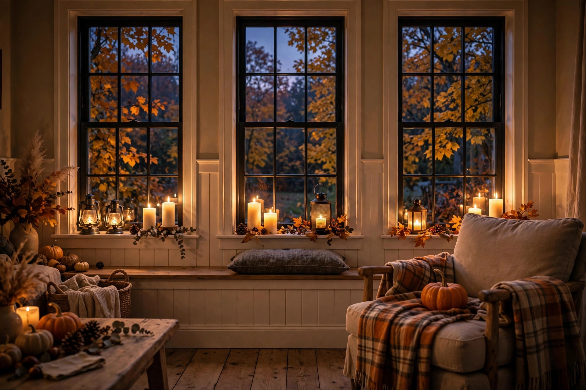 Candles glowing in house windows at dusk