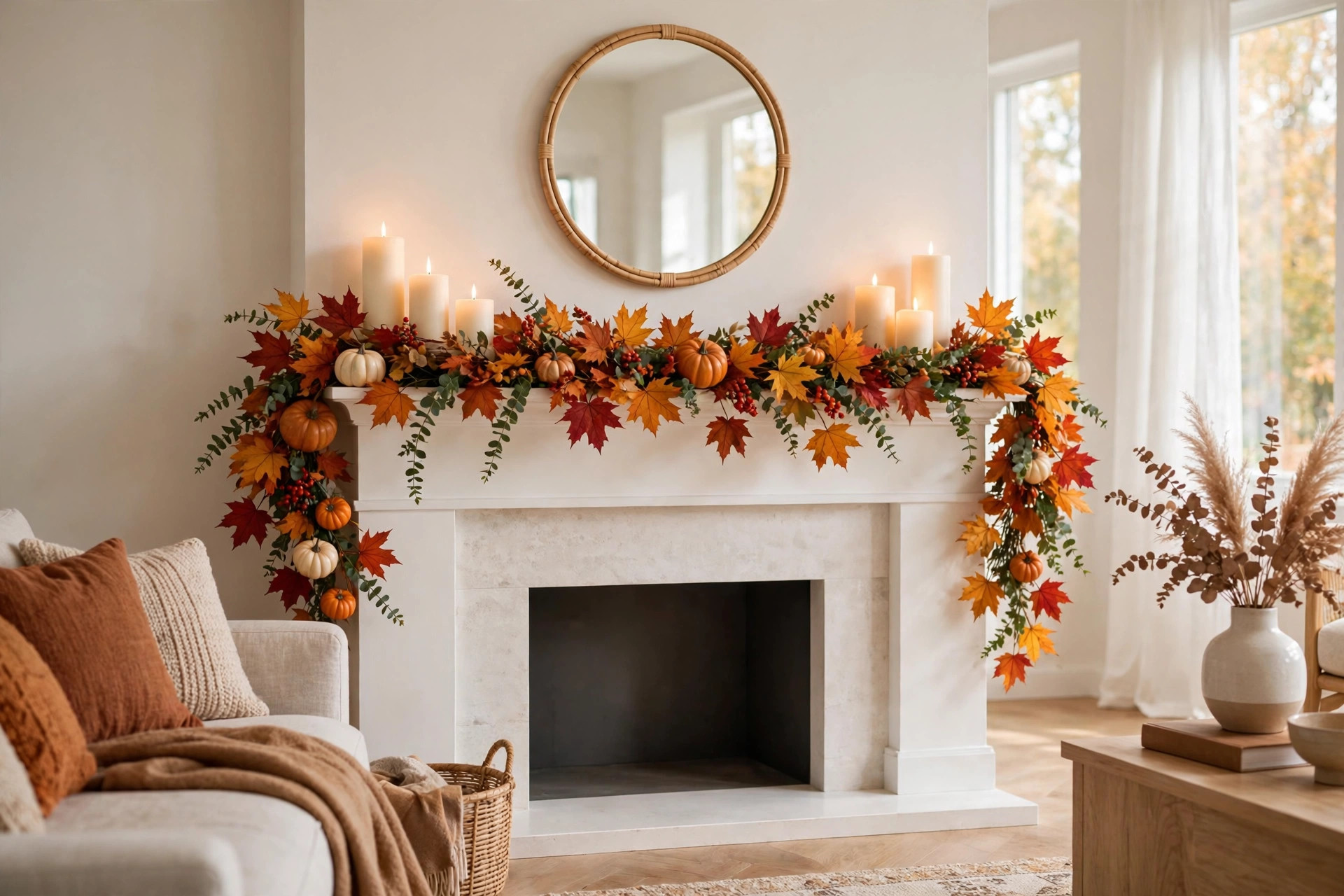 Fall mantel decorated with autumn garland, berries, mini pumpkins, and pillar candles